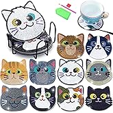 PICNICFUN Diamond Painting Coasters Set with Metal Holder, Insulated Anti-Slip Drink Mats, 10 Cute Cat Designs (Cat)