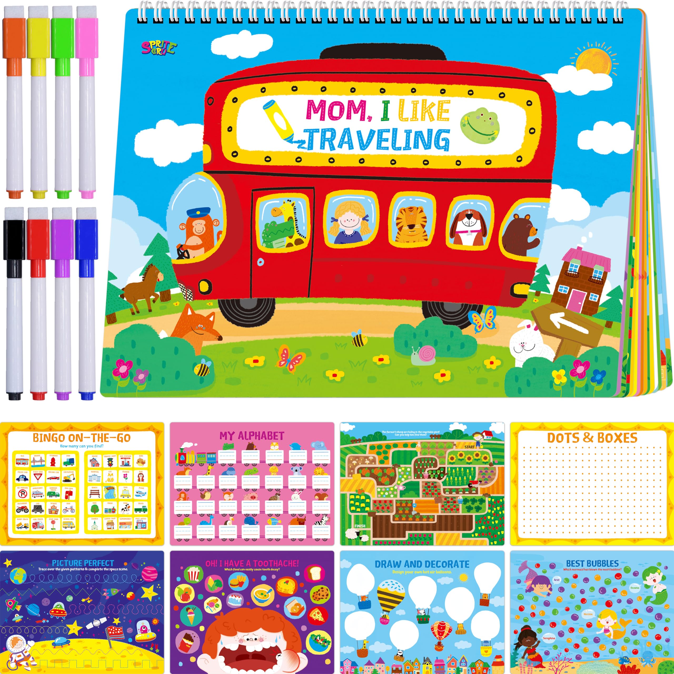 Photo 1 of 30 Dry Erase Activities Pad, Reusable & Erasable Game Pad, Explore and Find, Maze Matching TIC-TAC-TOE Dot to Dot Words Interesting Educational Toy and Learning Tool for Road Trip Airplane Travel