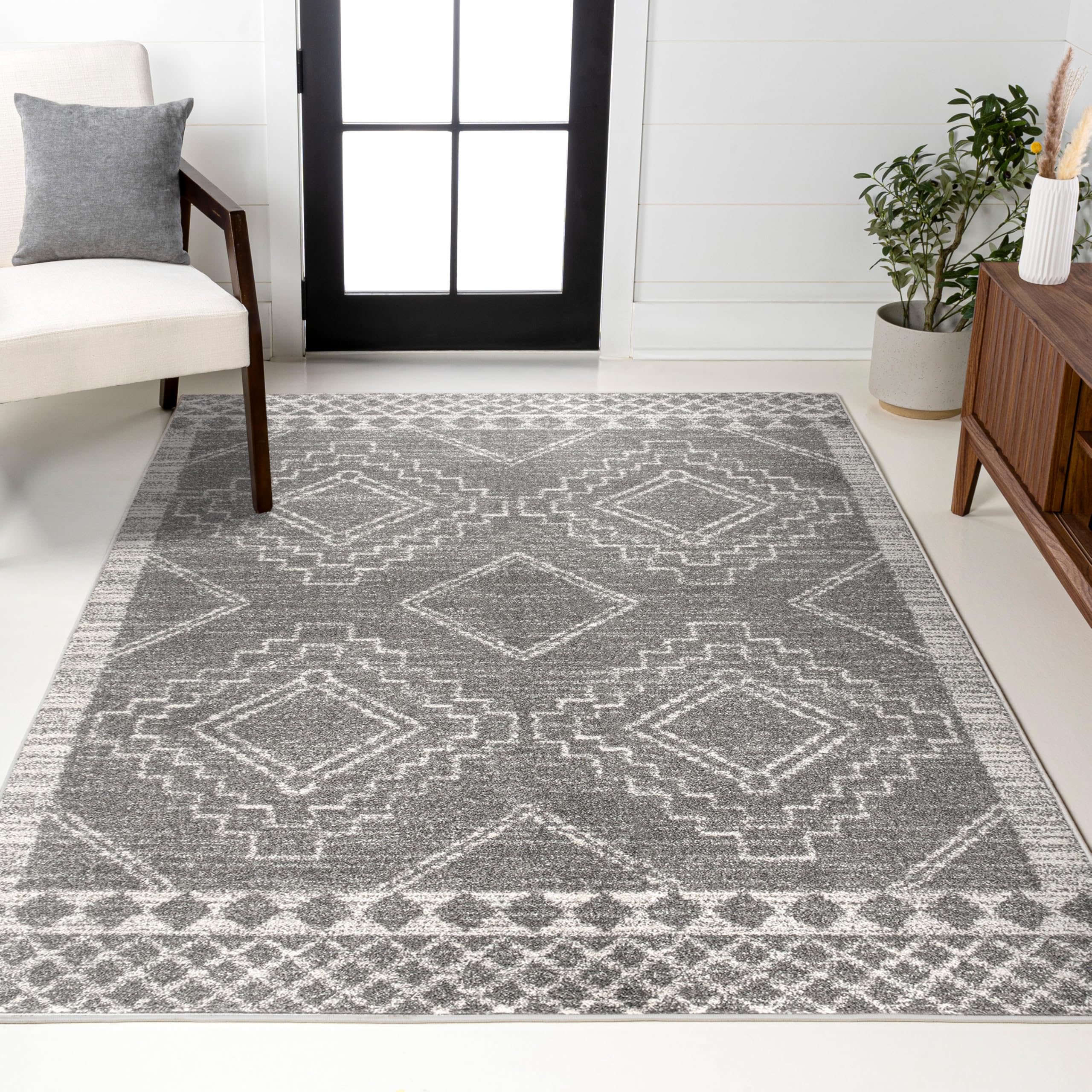 JONATHAN Y Amir Moroccan Beni Souk Gray/Cream Indoor Area Rug, 12x18, Bohemian, Scandinavian, Easy-Cleaning for Living Room, Bedroom, Kitchen, Pet Friendly, Non-Shedding (MOH200C-18) Image