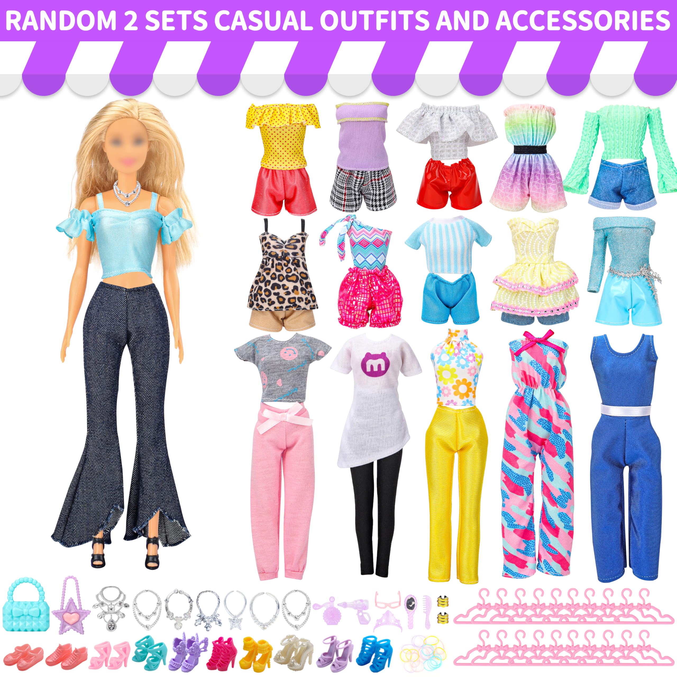 70 Pcs Doll Clothes and Accessories,2 Wedding Gown 6 Fashion Dresses 2 Set Casual Outfits 1 Top 1 Pant Bikini 1 Swimsuit,20 Hanger 10 Shoe 27 Accessories Toys for Girls Kids Birthday Gift