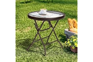 PATIOHIT Foldable Side Table with Tempered Glass Top 18" Outdoor Folding Side Table Small Glass Patio Table End Table for Porch Yard Balcony Deck Lawn Dining Garden (Brown)
