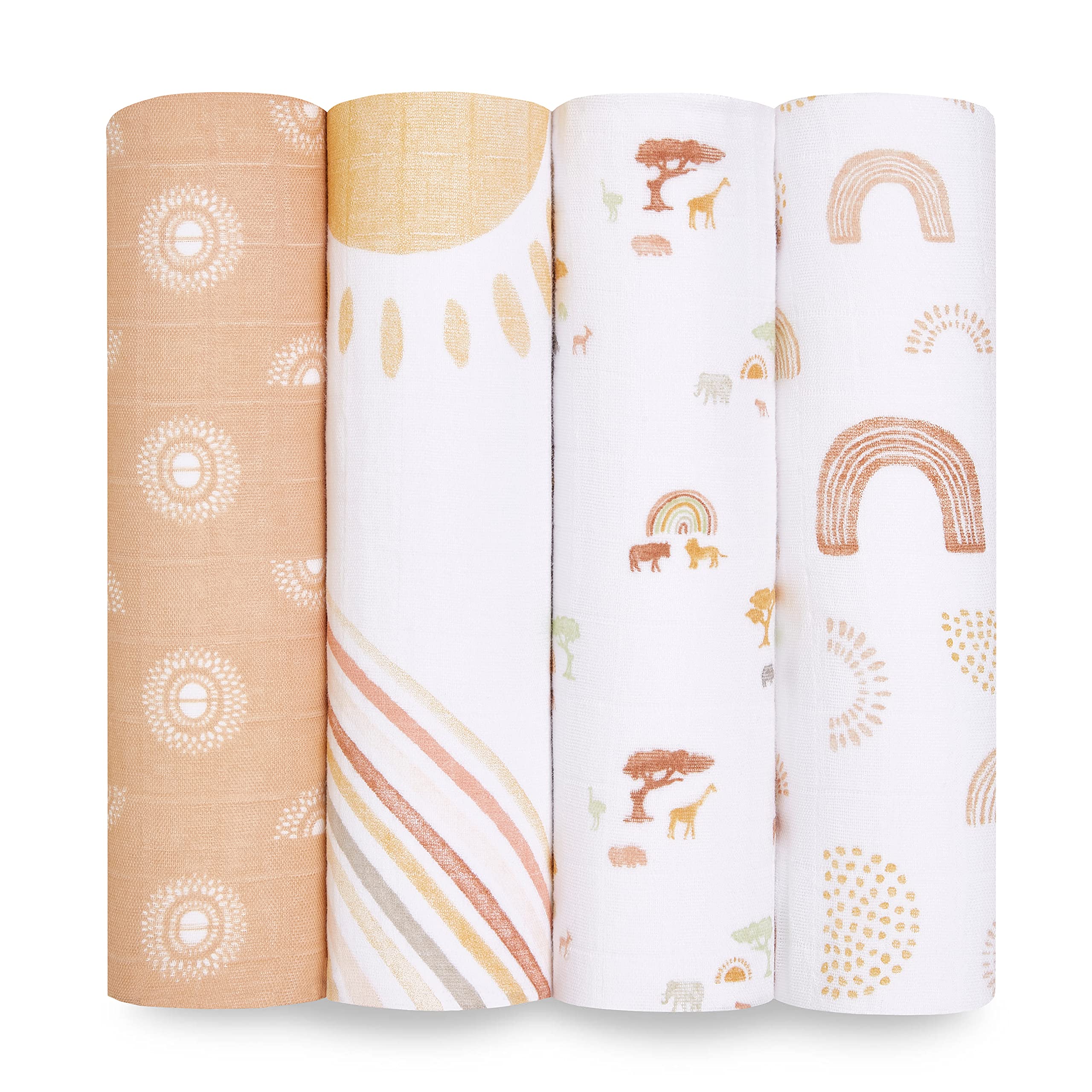 aden + anais 100% Cotton Muslin Swaddle & Receiving Blankets for Baby Girls & Boys, 120x120cm, Ideal Newborn & Infant Swaddling Wrap Set, Perfect Shower Gifts, 4 Pack, Keep Rising ASWC40016