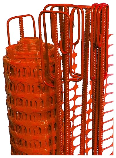 UvV Basic Baustellenabsperrung, Bauzaun als Rolle - Set 50m 4 kg Fangzaun orange inkl. 10 Absperrleinenhalter rot, Absperrnet
