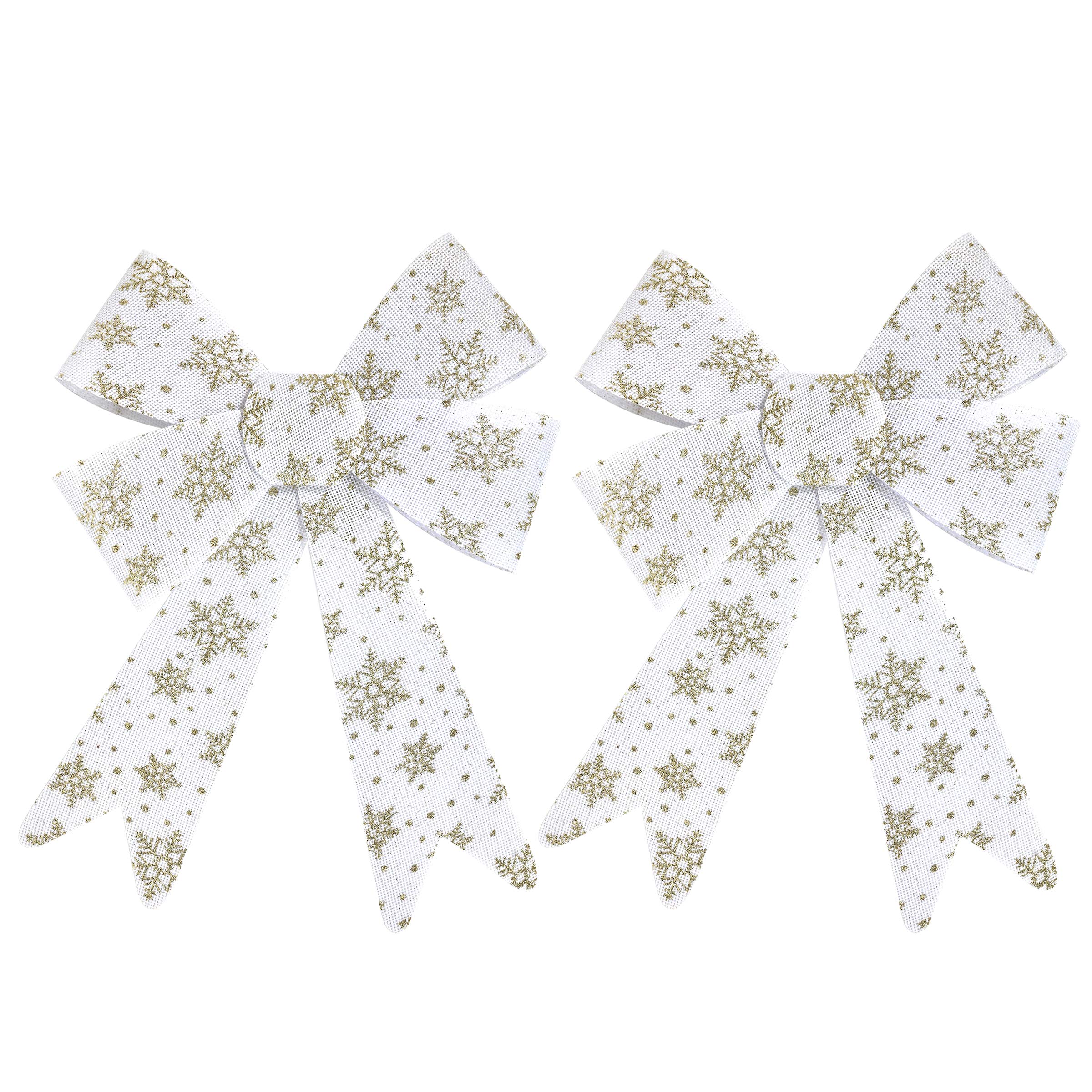 By Robelli Christmas Fabric/Plastic Glitter Bow Decorations - Pre-tied For Tree/Gifts/Table etc (Hessian, Tartan, White Gold) (2 x Large White Gold Snowflake Glitter Bows (30cm))
