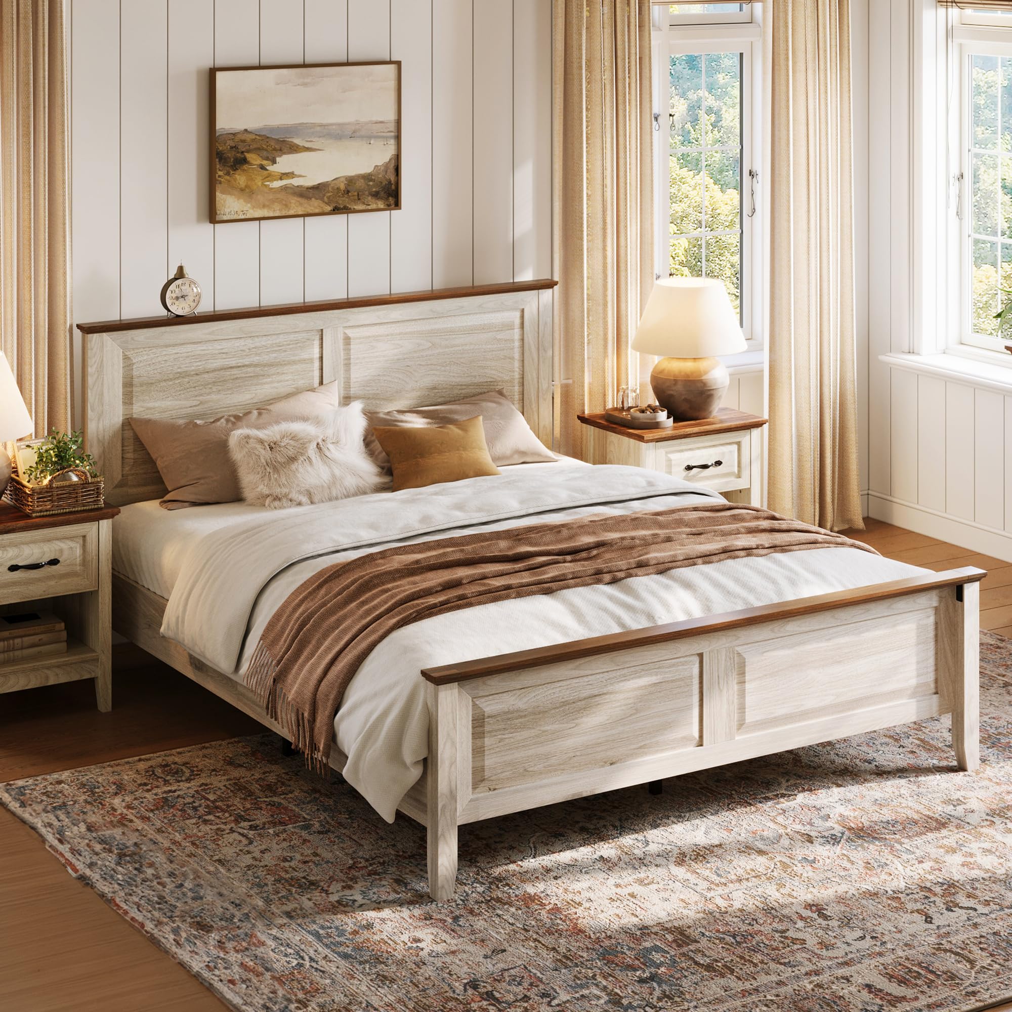Photo 1 of ***SELLING FOR PARTS*** ***CHECK CLERK NOTES***
LINSY Farmhouse Wood Queen Bed Frame with Headboard, Bed Frame Queen Size with High Footboard, Wood Bed Noise-Free, No Box Spring Needed - Beige