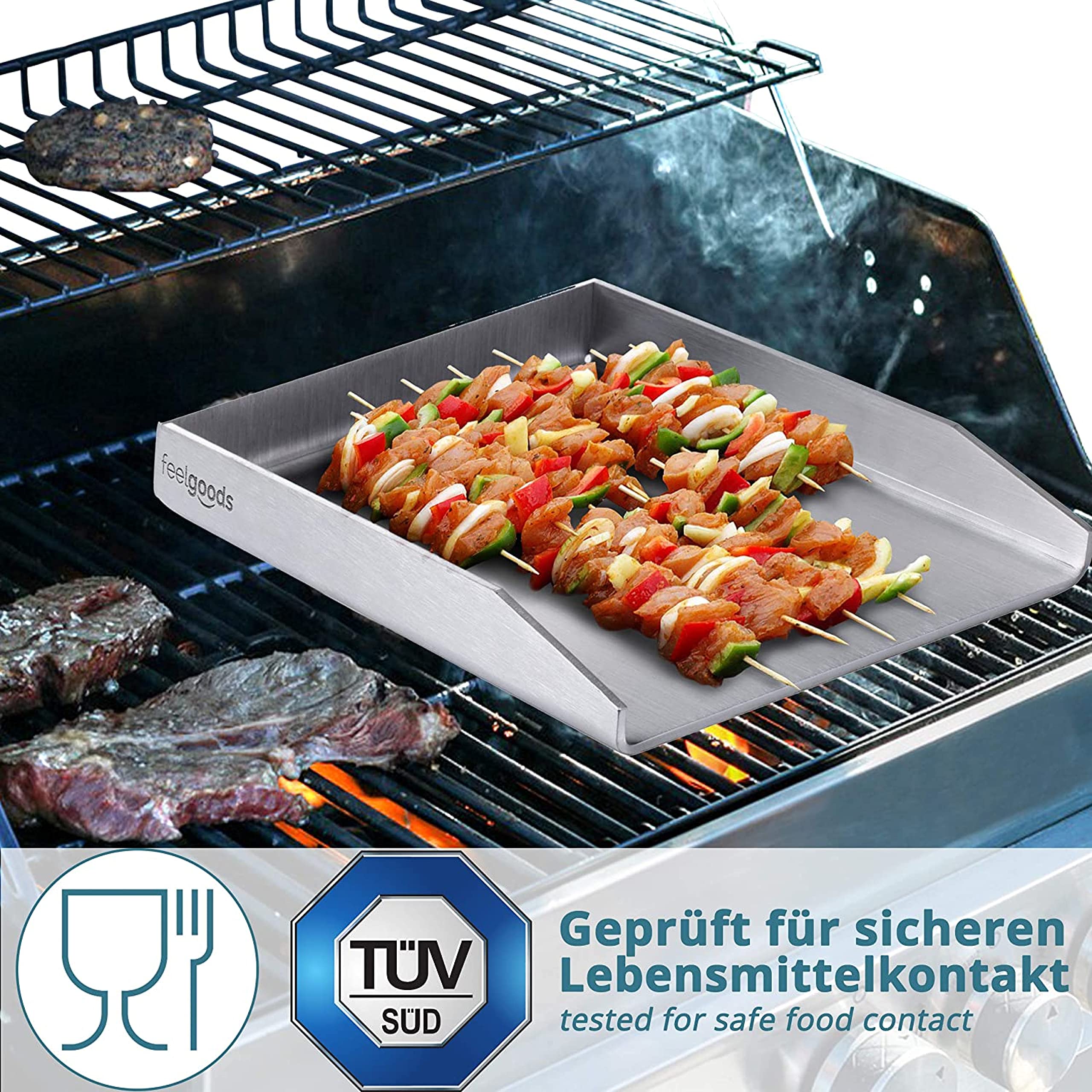 Smartpeas Edelstahl Grillplatte - 30x40 cm Universal Plancha für Kohle- und Gasgrills - Grillplatte für Gleichmäßige Hitzeverteilung - Grillschale für Burger, Spiegelei mit Inbegriffen Grillspachtel 3