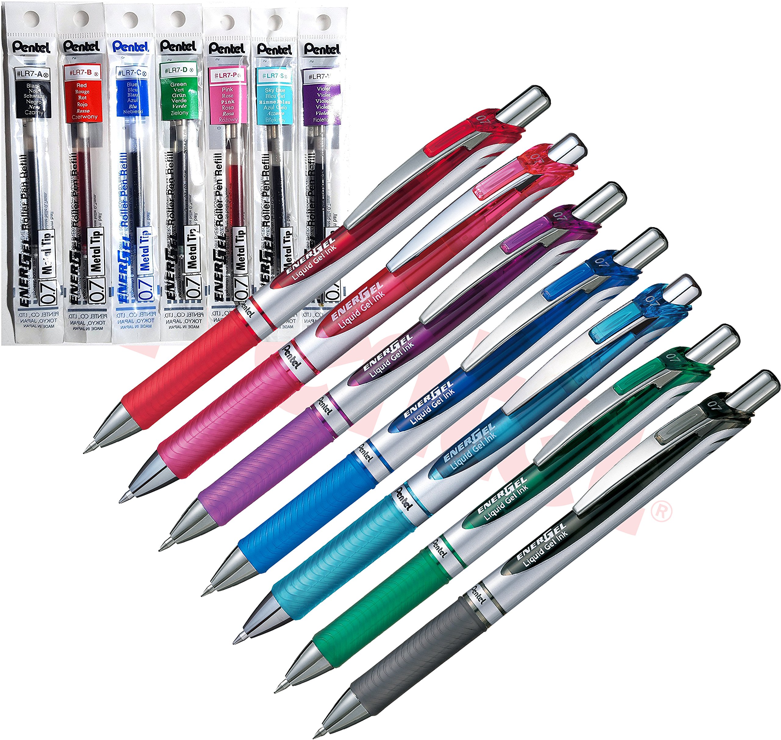 Pentel Energel Retractable Gel Ink Pen 0.7mm 7 Colours + 7 Refills in Matching Colours