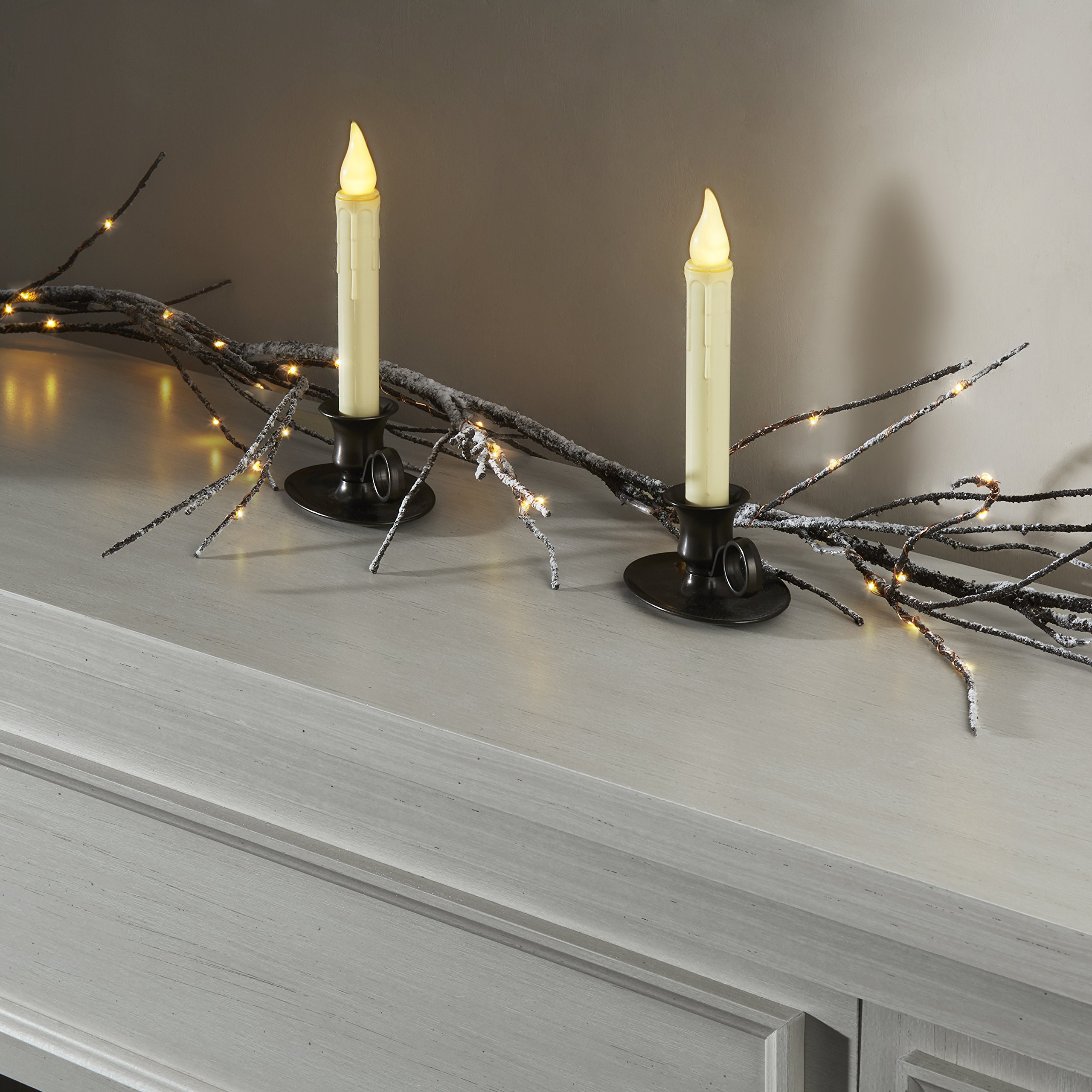 2 Ivory Drip Flameless Taper Window Candles with Oiled Bronze Candle