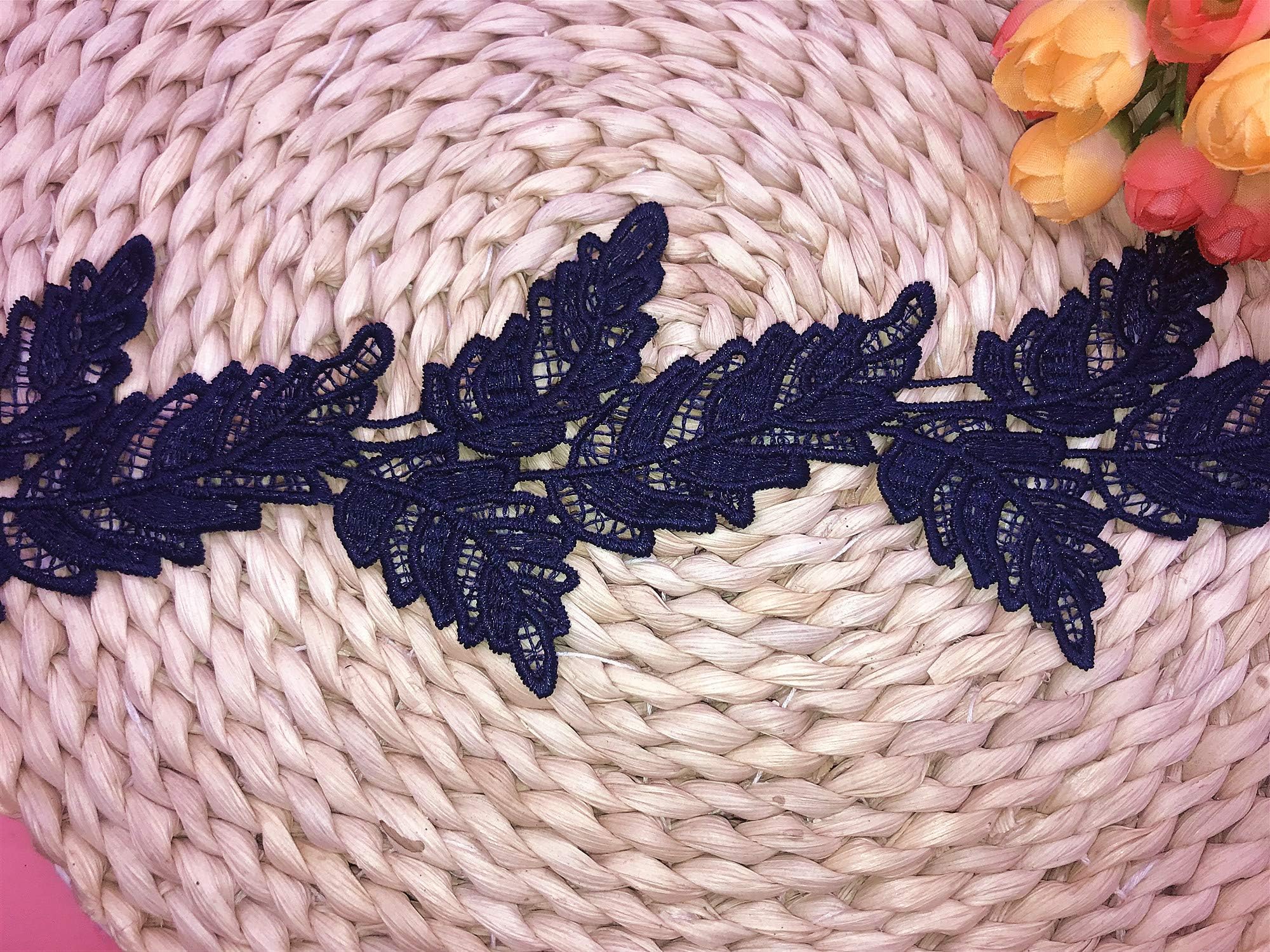 9.5CM Width Europe Leaf Pattern Inelastic Embroidery Lace Trim,Curtain Tablecloth Slipcover Bridal DIY Clothing/Accessories.(2 Yards in one Package) (Navy Blue)