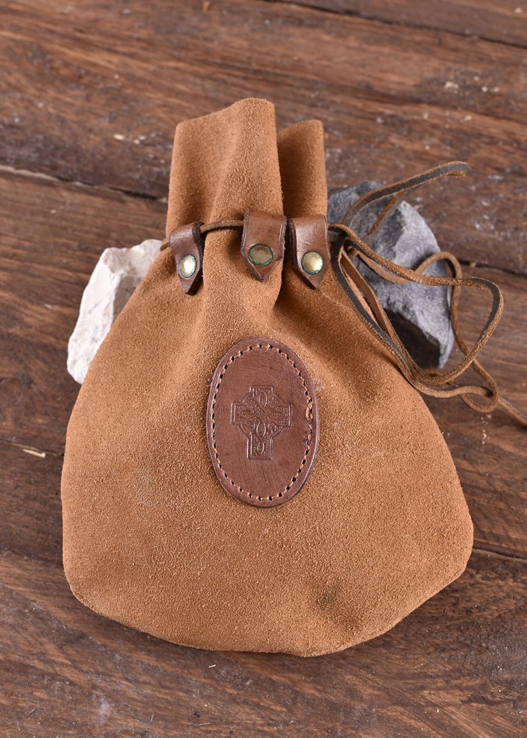 Medieval Drawstring Leather Pouch with Celtic Cross - Bag - Viking Belt Wallet Purse, Beige - Image 3