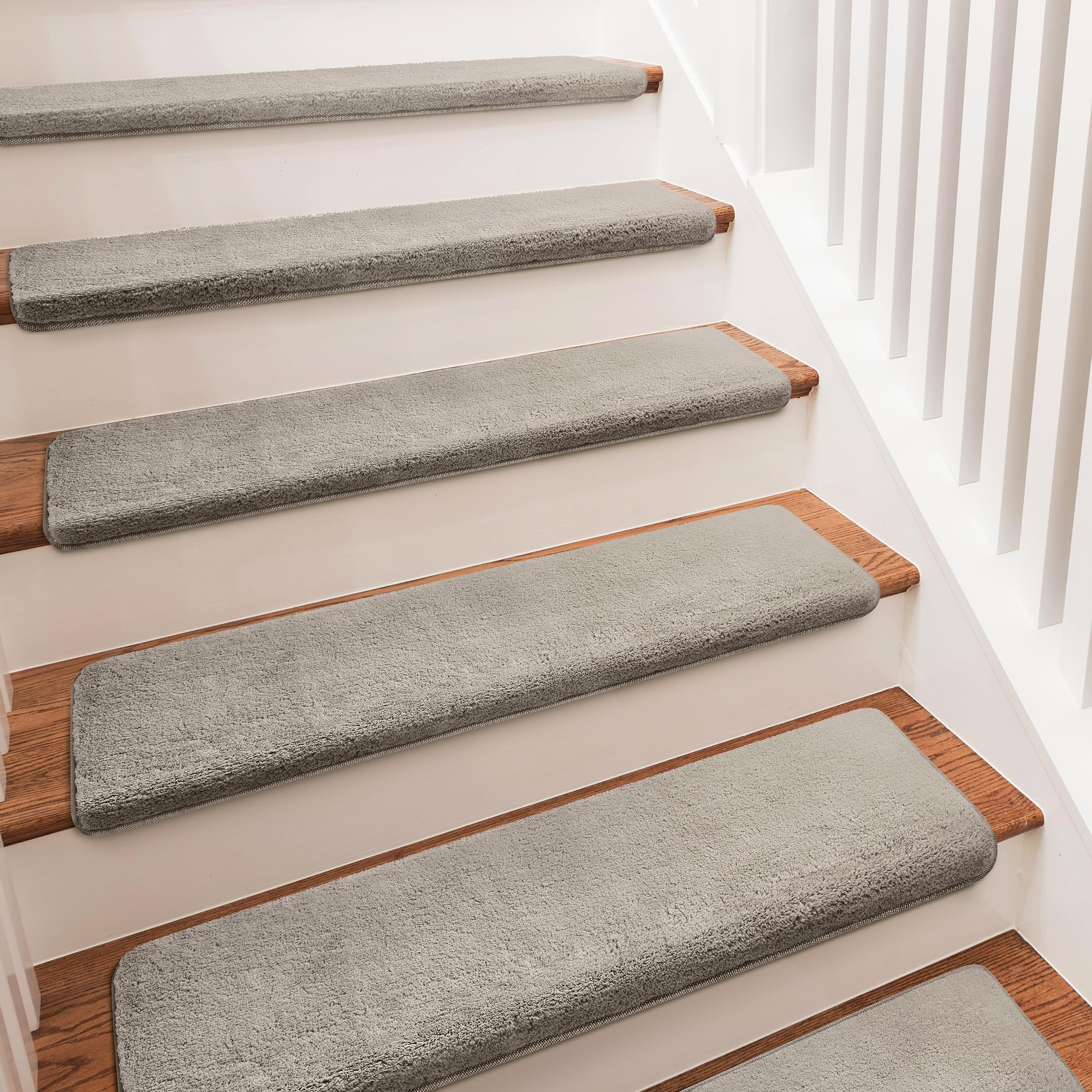 Photo 1 of PURE ERA Carpet Stair Treads Ultra Plush 9.5" X 30"Soft Bullnose Indoor Stair Protectors Pet-Friendly Non-Slip Skid Resistant Tape Free Washable Reusable(14 Pieces, Cream Gray)