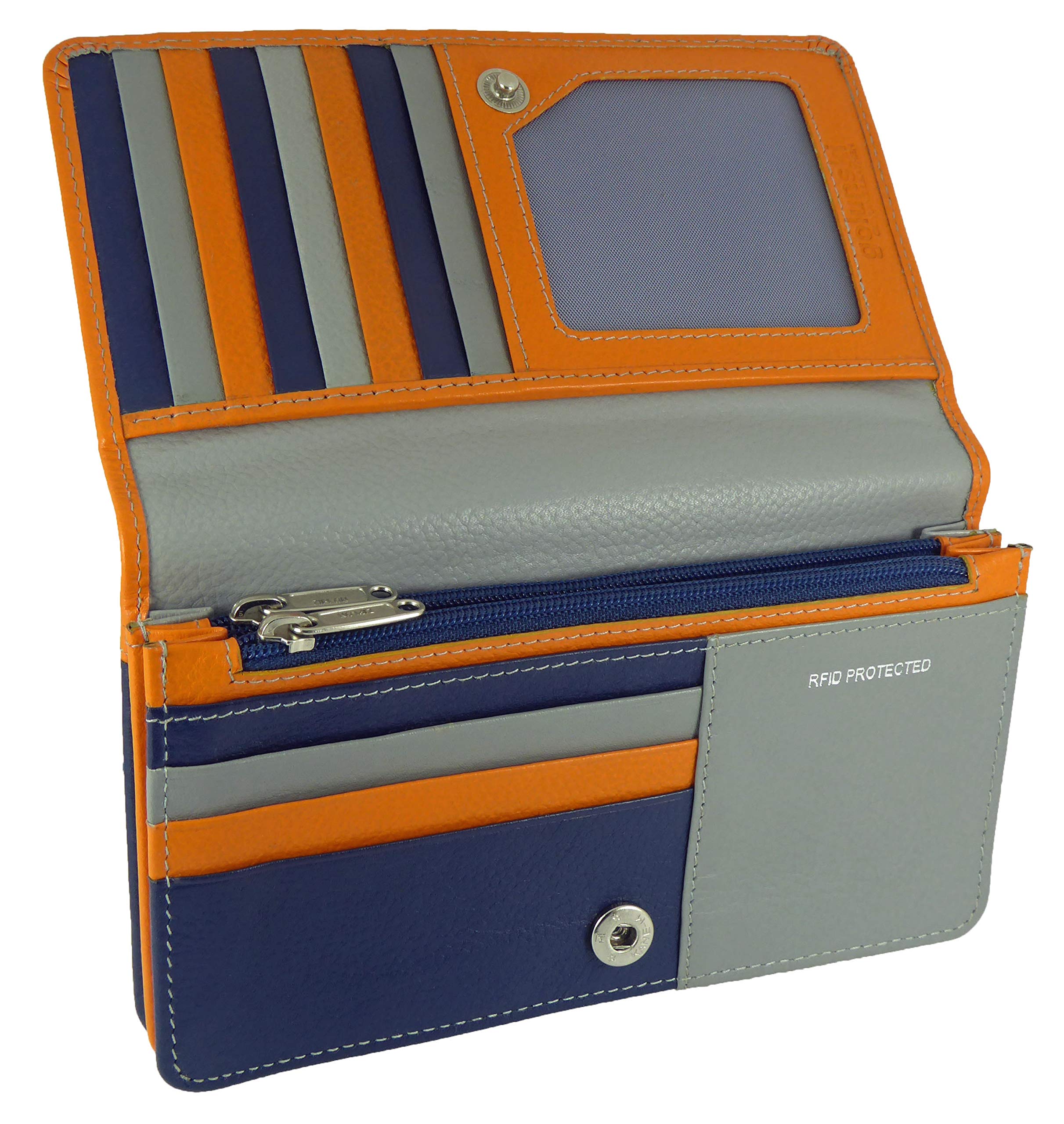 Ladies RFID Leather Flapover Matinee Organiser Purse for 14 Cards, Notes/Coins (Navy/Orane Multi)