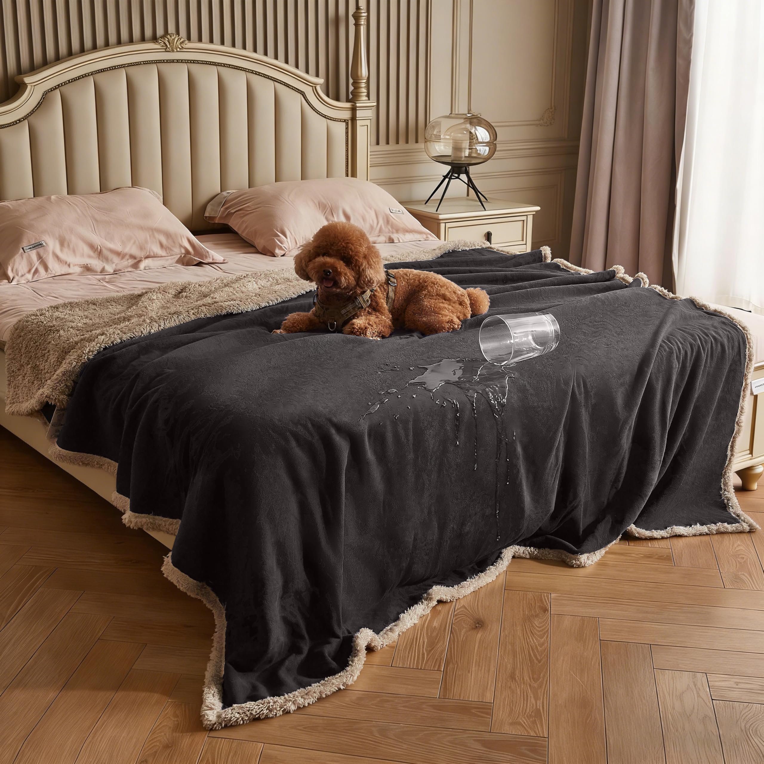 Kritter Planet Waterproof Pet Blanket for Bed, Reversible Sherpa Fleece Protector Couch Sofa Cover, Liquid Proof Furniture Protector for Medium Large Dogs Image