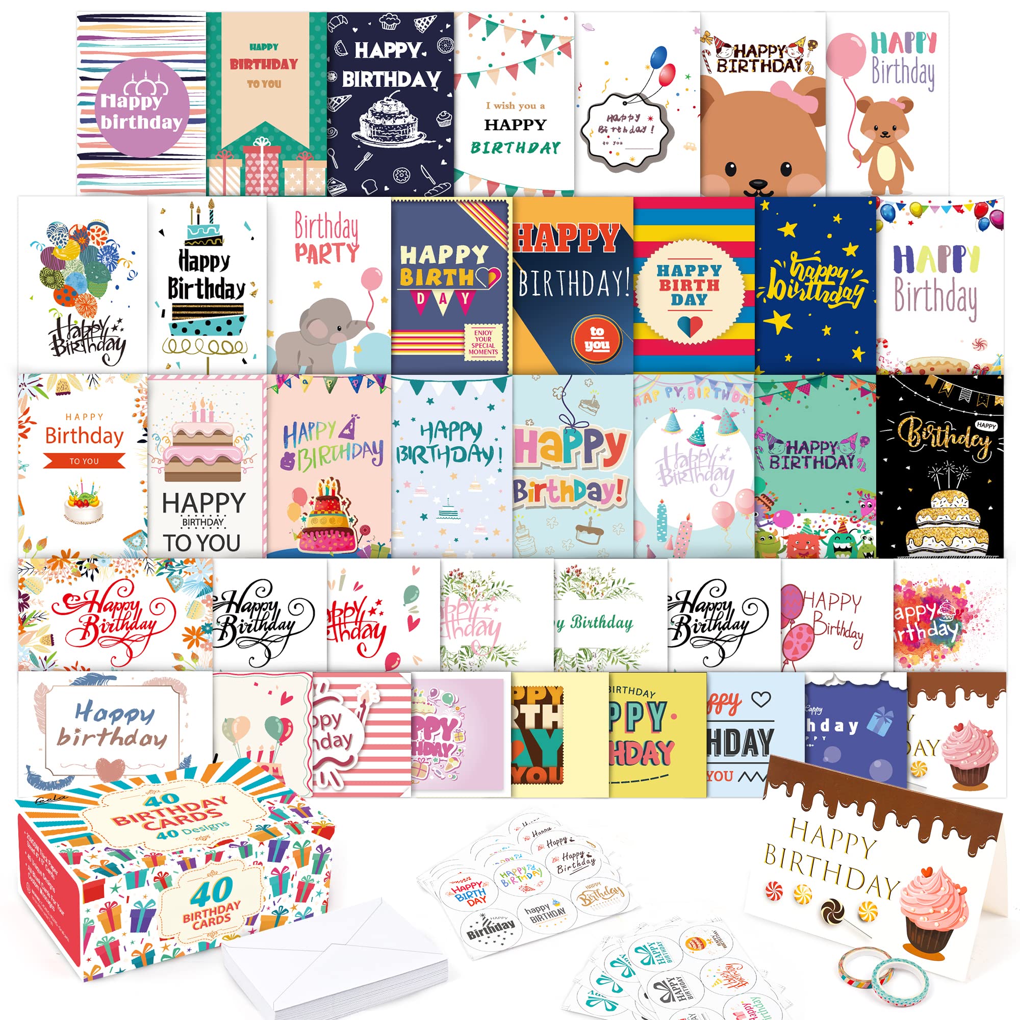 feela 40 Happy Birthday Cards Pack, 40 Designs Birthday Cards Multipack and 40 Blank Envelopes, 48 Pieces of Stickers 2 Washi Tapes, 10X15cm Blank Greeting Cards for Women, Men, Friends and Kids