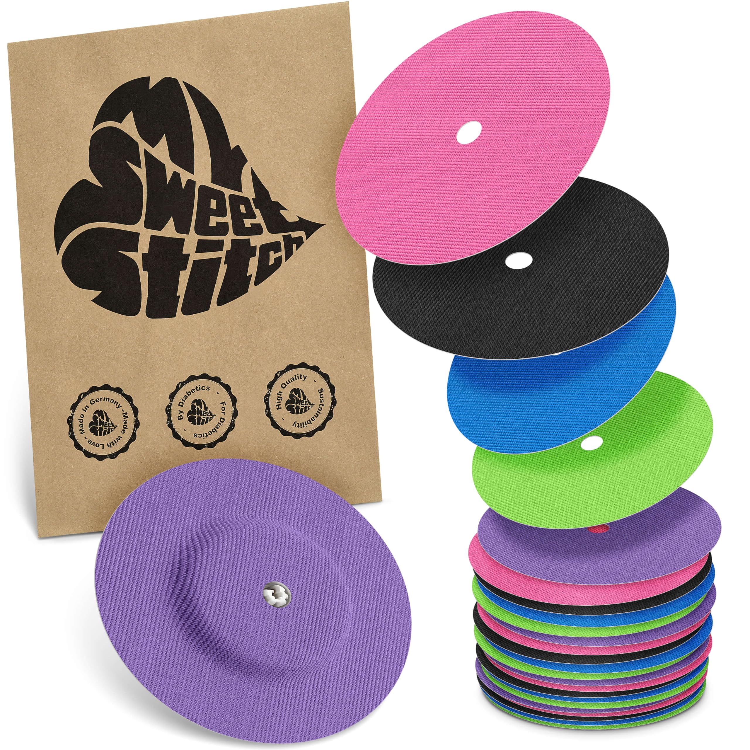 MySweetStitch - 25 x Freestyle Libre 1 & 2 Round Patches with Ventilation Hole, Overpatch Ø 65mm, Waterproof, Breathable, Made in Germany, Rainbow