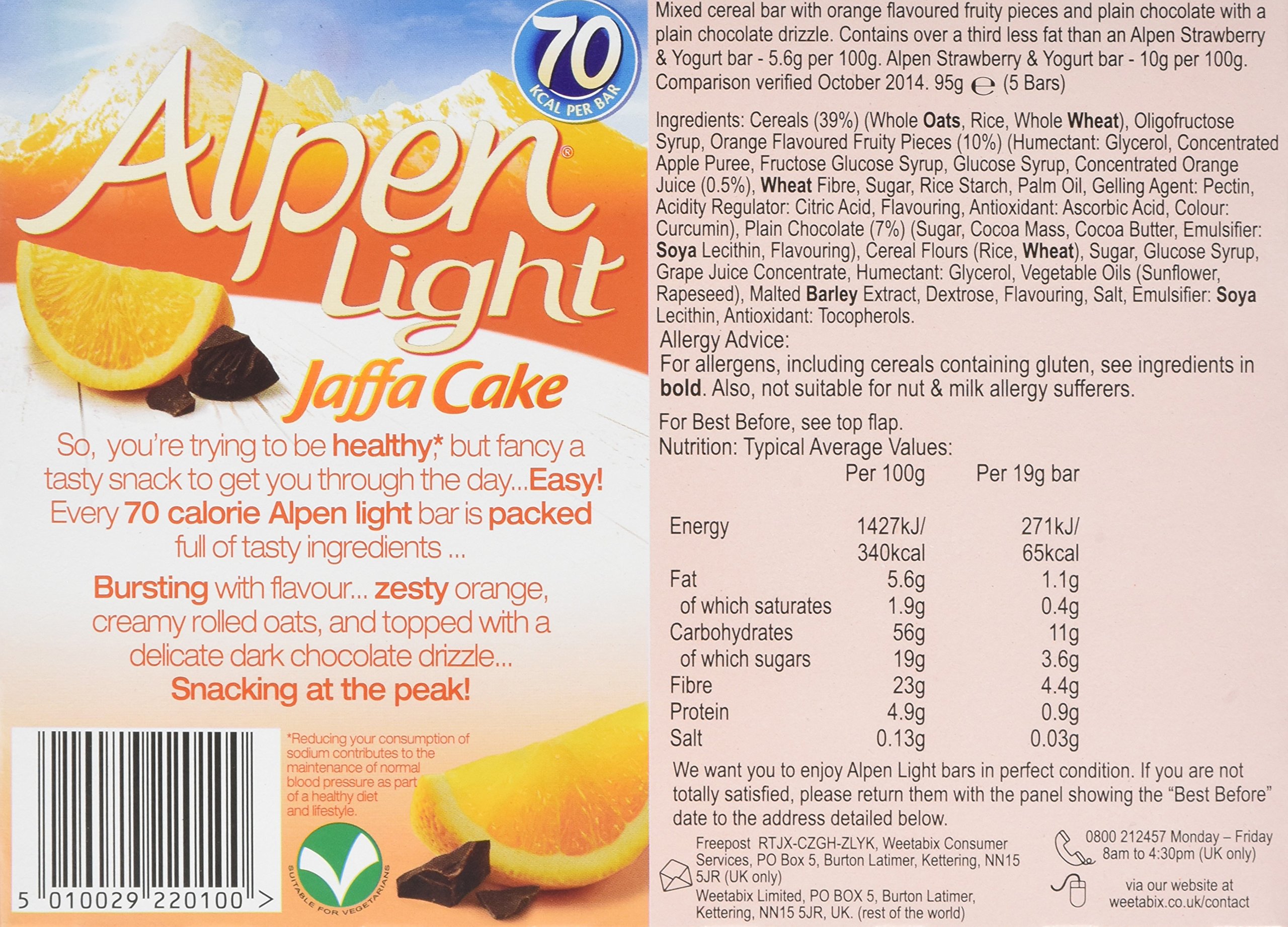 Alpen Light Jaffa Cake 5 Cereal Bars (Pack of 10, total of 50 bars