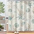 Omifly Starfish and Seashells Shower Curtain 60Wx72H Inch Beach Coastal Nautical Bathroom Set Ocean Coral Vintage Beige Ivory Retro Anchor Sea Horse with 12 Hooks Fabric Waterproof Accessories Decor