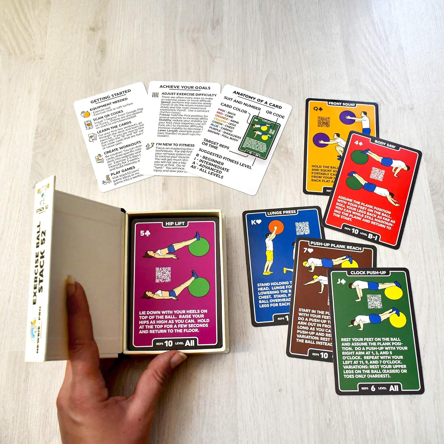 Stack 52 Exercise Ball Fitness Cards. Swiss Ball Workout Playing Card Game. Video Instructions Included. Bodyweight Training Program for Balance and Stability Balls. (2019 Updated Deck) - Image 3