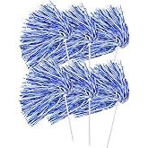 PAMASE Set of 6 Long-Handle Cheerleading Pom Poms, Blue White | Metallic Foil Textured, No-Shed, for School Team Spirit, Football Basketball Games, Team Party, Performance, Homecoming