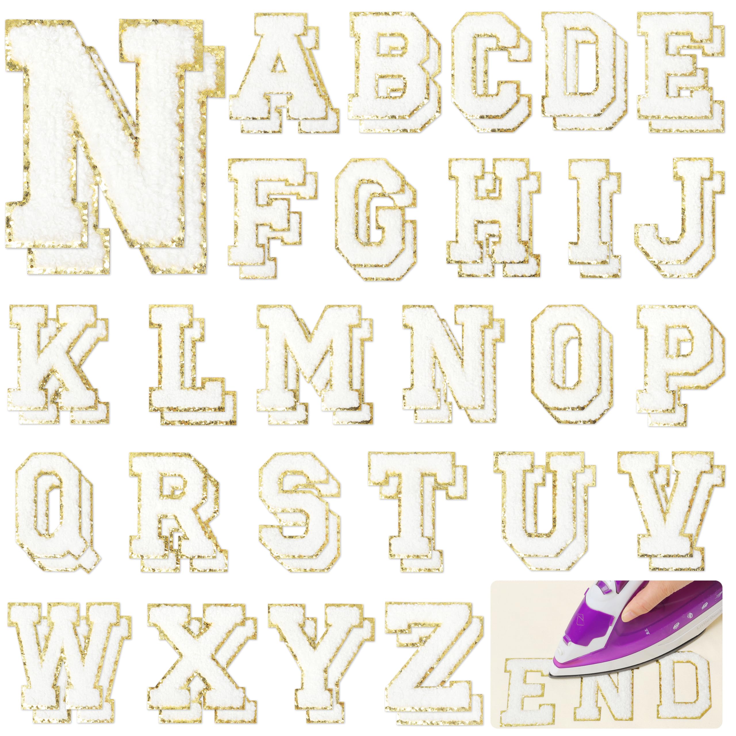 Photo 1 of Iron on Chenille Letters Patches for Clothing: NICEVINYL 52PCS Large White Varsity Letters Patches Glitter Alphabet Embroidered Initial Patches for Letterman Team Costume Jeans Jackets 3.14inch
