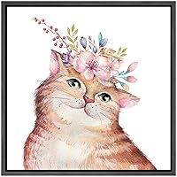 SIGNWIN Framed Canvas Wall Art Nursery Baby Cat Kitten with Pink, Purple, Blue Flowers Animals Wildlife Watercolor Impressionism Modern Portrait Fun for Living Room, Bedroom, Office - 16