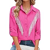 MYMORE Womens Sparkly Fringe Button Down Shirt Rolled 3/4 Sleeve Top Country Concert Nashville Western Cowgirl Outfit