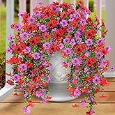 Artificial Fake Hanging Flowers Plants for Outdoor Outside Spring Summer Decoration 2PCS Faux Silk UV Resistant Realistic Mums Daisy with Eucalyptus for Home Porch Patio Balcony(Red & Magenta)