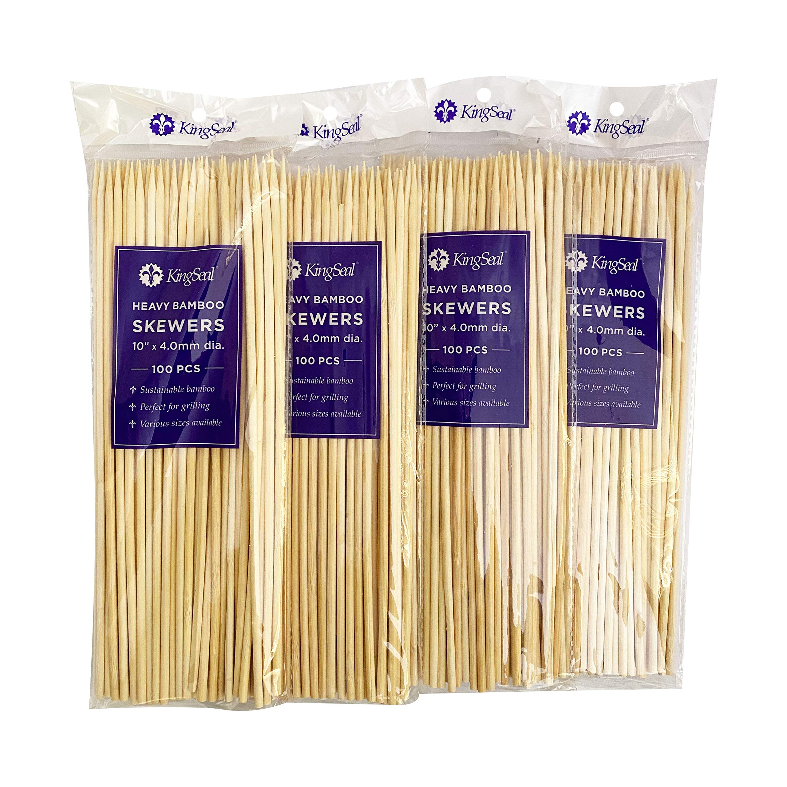 Photo 1 of KingSeal Renewable Bamboo Heavy Weight Kebab Skewers, BBQ Sticks, 10 Inches x 3.8 mm Diameter, Retail Pack - 4 Bags of 100 (400 Count)