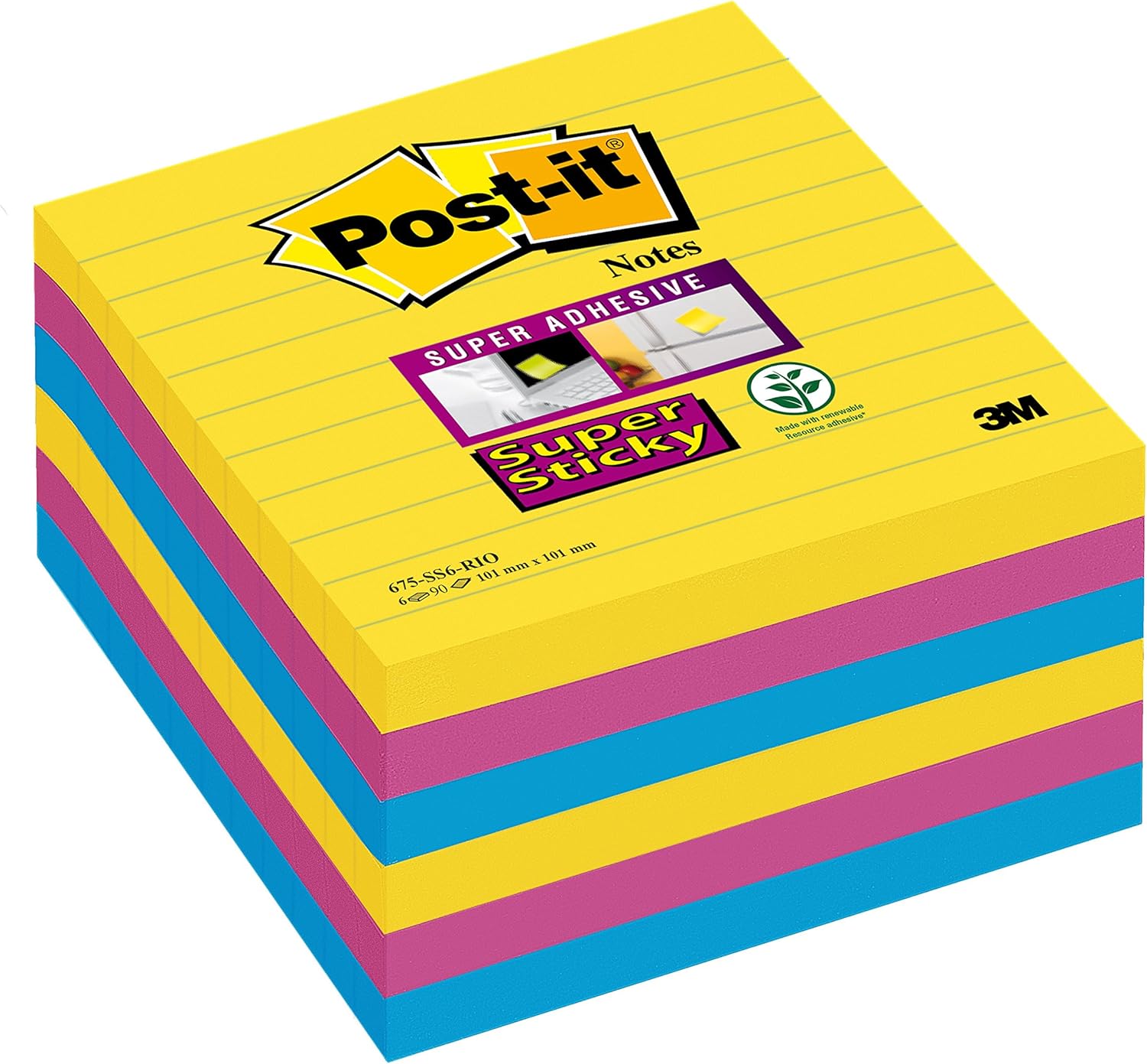 Postit Super Sticky Lined Notes, Pack of 6 Pads, 90 Sheets/Pad, 101mm