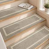 COSY HOMEER Soft Stair Treads 15pcs Non-Slip Carpet Mat 28inX9in,Beige | Indoor Stair Runners for Wooden Steps,Stair Rugs for Kids and Dogs, 100% Polyester TPE Backing