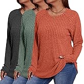Ficerd 3 Pack Plus Size Tunic Tops for Women, Long Sleeve Women's Sweaters Curved Hem Side Split T-Shirts Crew Neck Pullover