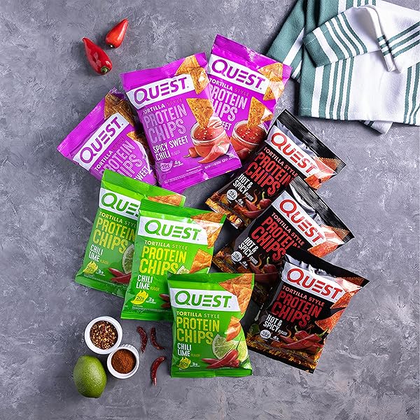 QUEST NUTRITION TORTILLA STYLE PROTEIN CHIPS, SPICY VARIETY PACK, CHILI LIME, HOT & SPICY, & SPICY SWEET CHILI, 12 COUNT (3 EACH FLAVOR)