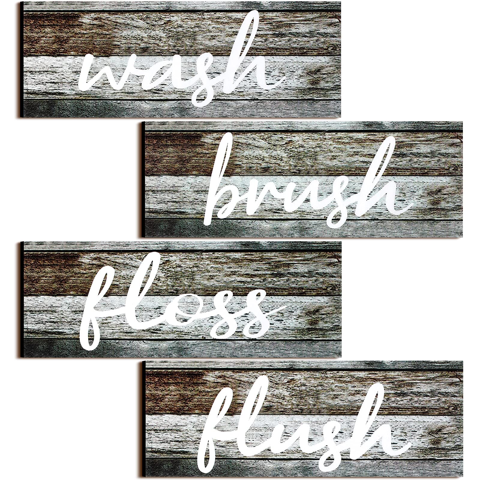 4 Pieces Farmhouse Bathroom Wall Decors Wash Brush Floss Flush Signs Rustic Hanging Wooden Signs Primitive Bathroom Wall Arts Vintage Wooden Decorations for Home Laundry Room Bathroom (Antique Gray)