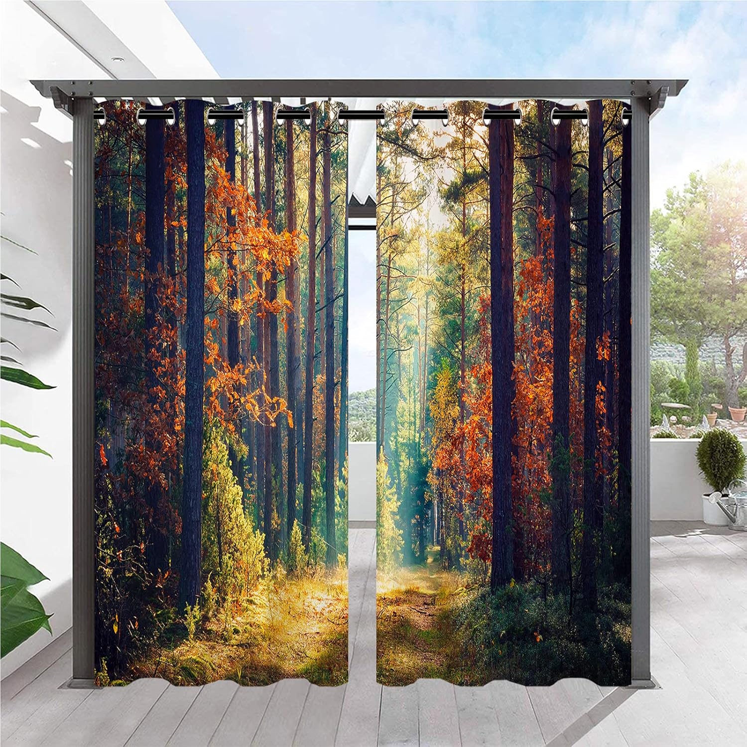 Outdoor Curtains - ANHOPE Outdoor Curtains - Grommet Top Waterproof Window Drapes Autumn Nature Scenery Forest Sunlight Print Pattern Outside Privacy Curtains for Patio Pergola Gazebo Cabana Porch 2 Panels 36 x 84 Inch