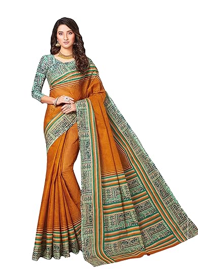 Womens Pure Cotton Printed Saree with Blouse Piece (SKR5619_Mustard-Blue)
