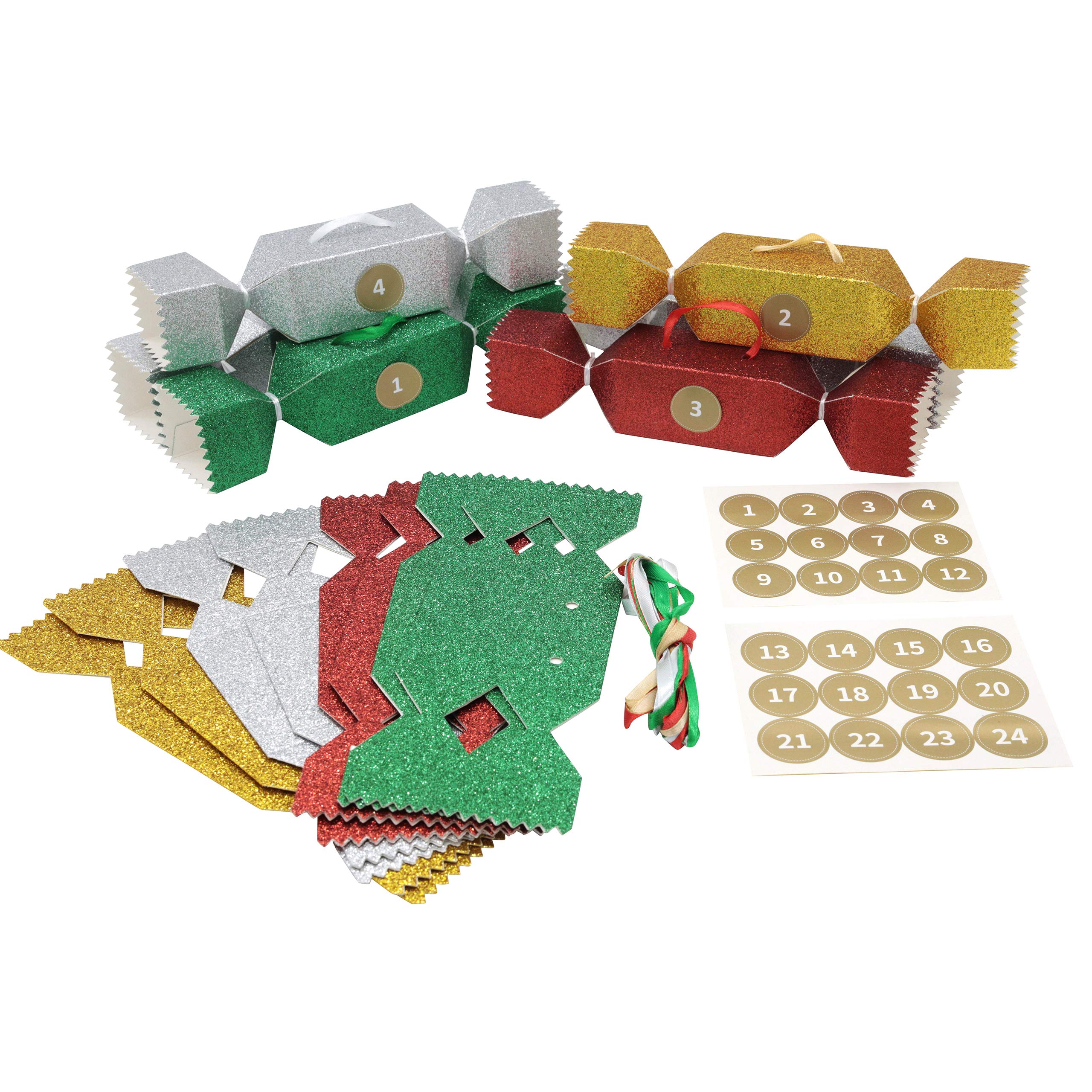 Make & Fill Your Own Advent Diy Calendar Children Vintage Christmas Tree Decoration With Boxes 24 Pcs Ribbon 1-24 (Glitter)