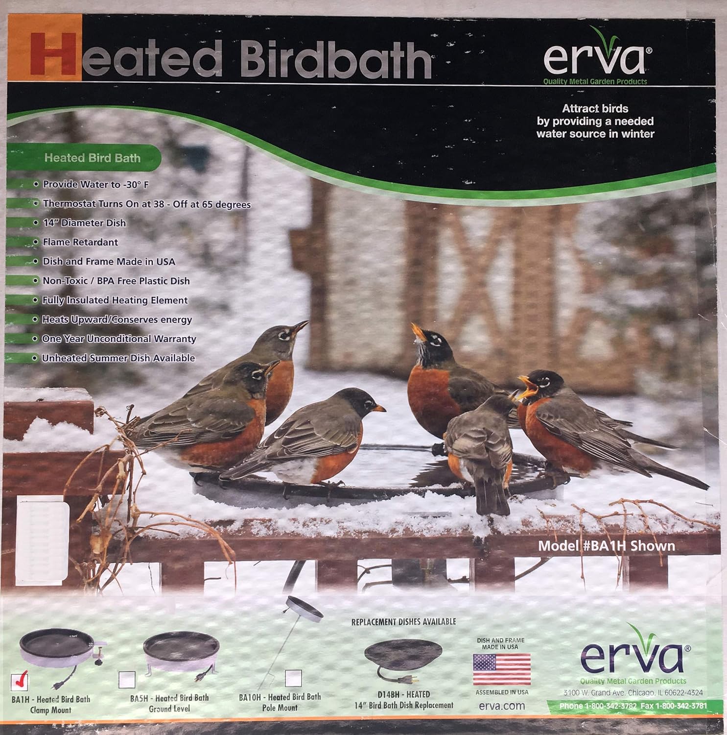 ERVA Heated Bird Baths for Outdoors – BA1H Clamp Mount 14 Inch Bird Bath - 60 Watt Birdbath Heater - Thermostat Controlled, Insulated, Fire Retardant and BPA Safe for Our Feathered Friends: Garden & Outdoor