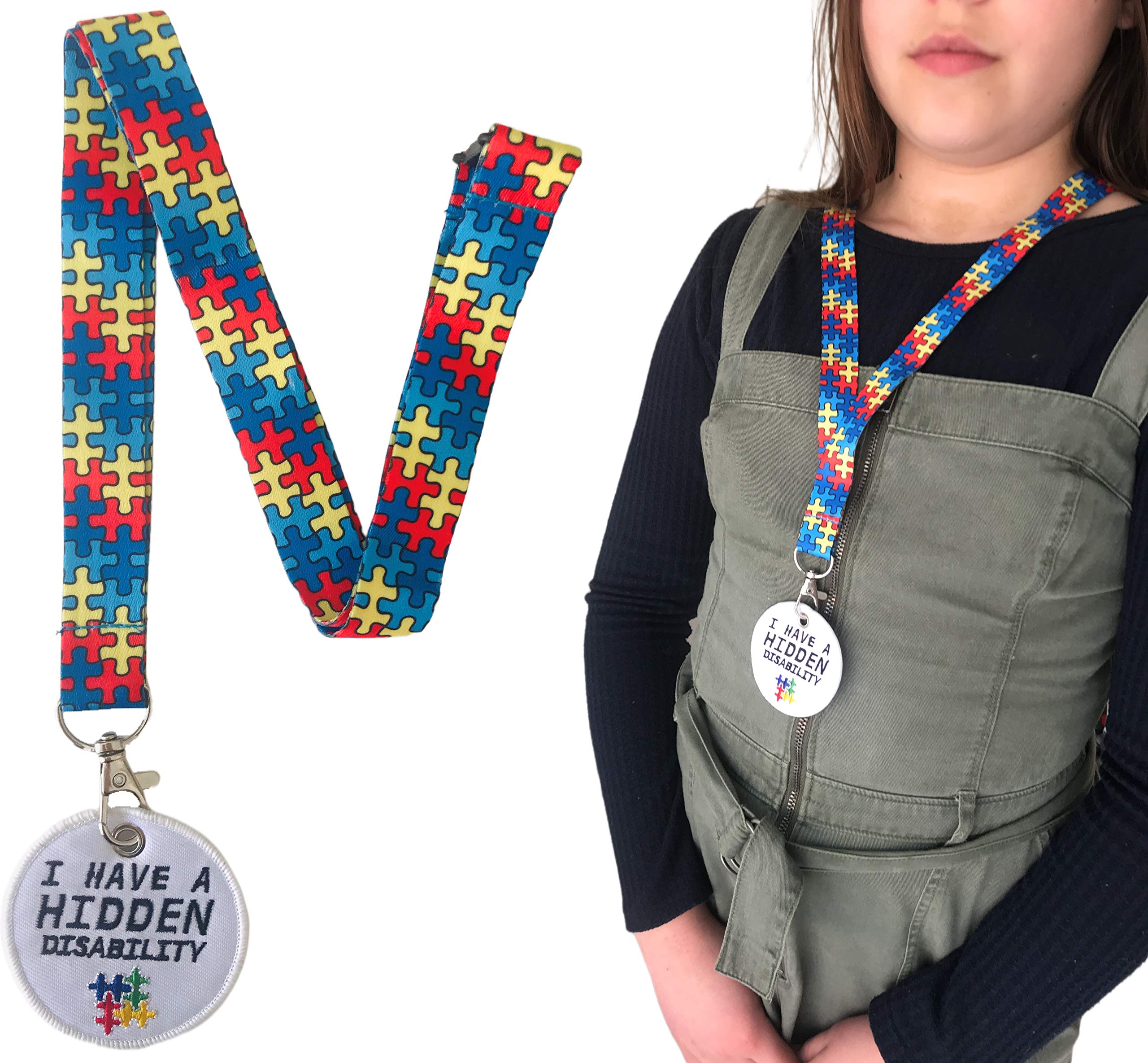 20mm Autism Awareness Jigsaw Puzzle Lanyard & White Matching Round Stitched Badge - Adult Size
