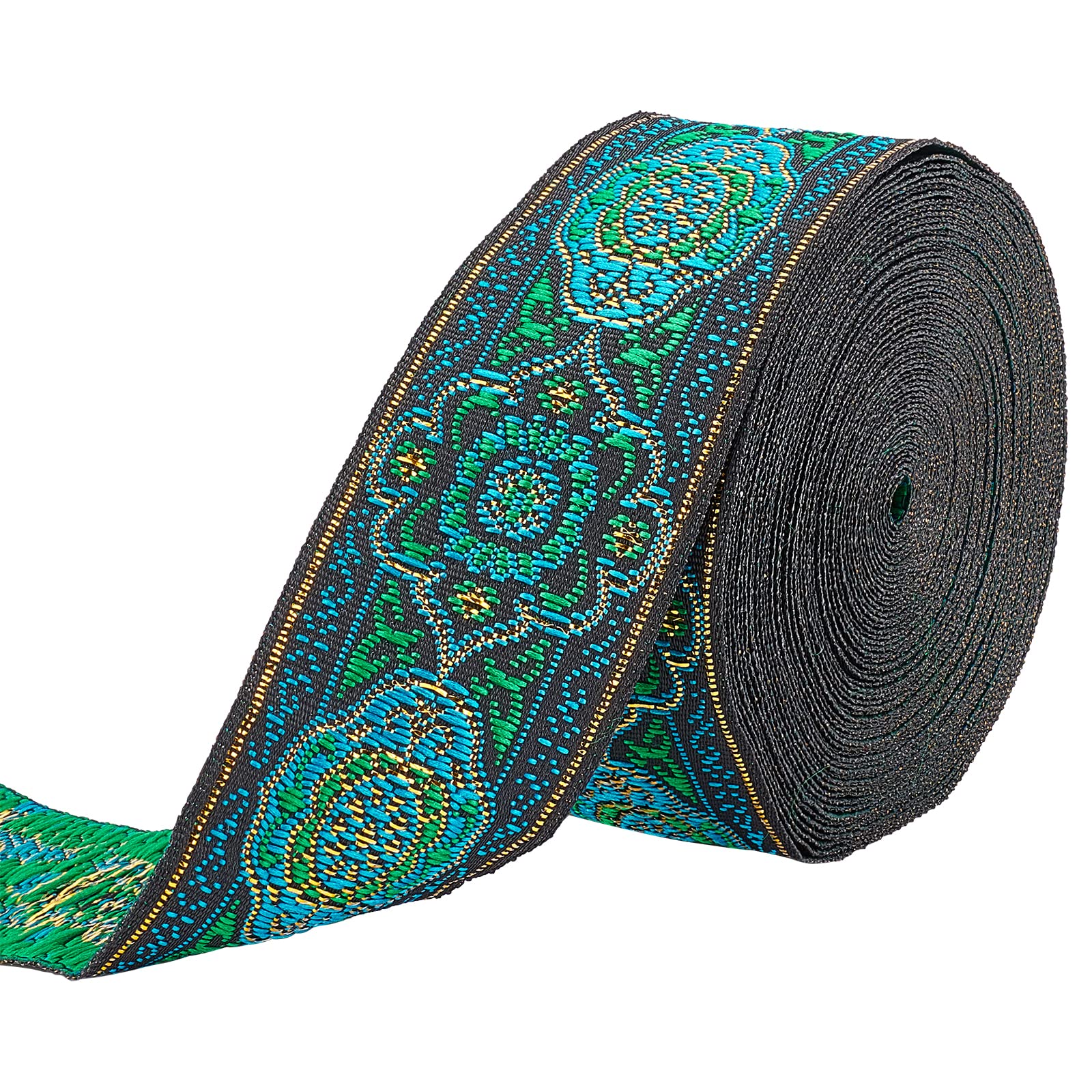 FINGERINSPIRE 7m Green Vintage Jacquard Ribbon 33mm Wide Emobridered Woven Ribbon Fabric Trim Fringe for DIY Clothing Accessories Embellishment St Patrick's Day Spring Decorations