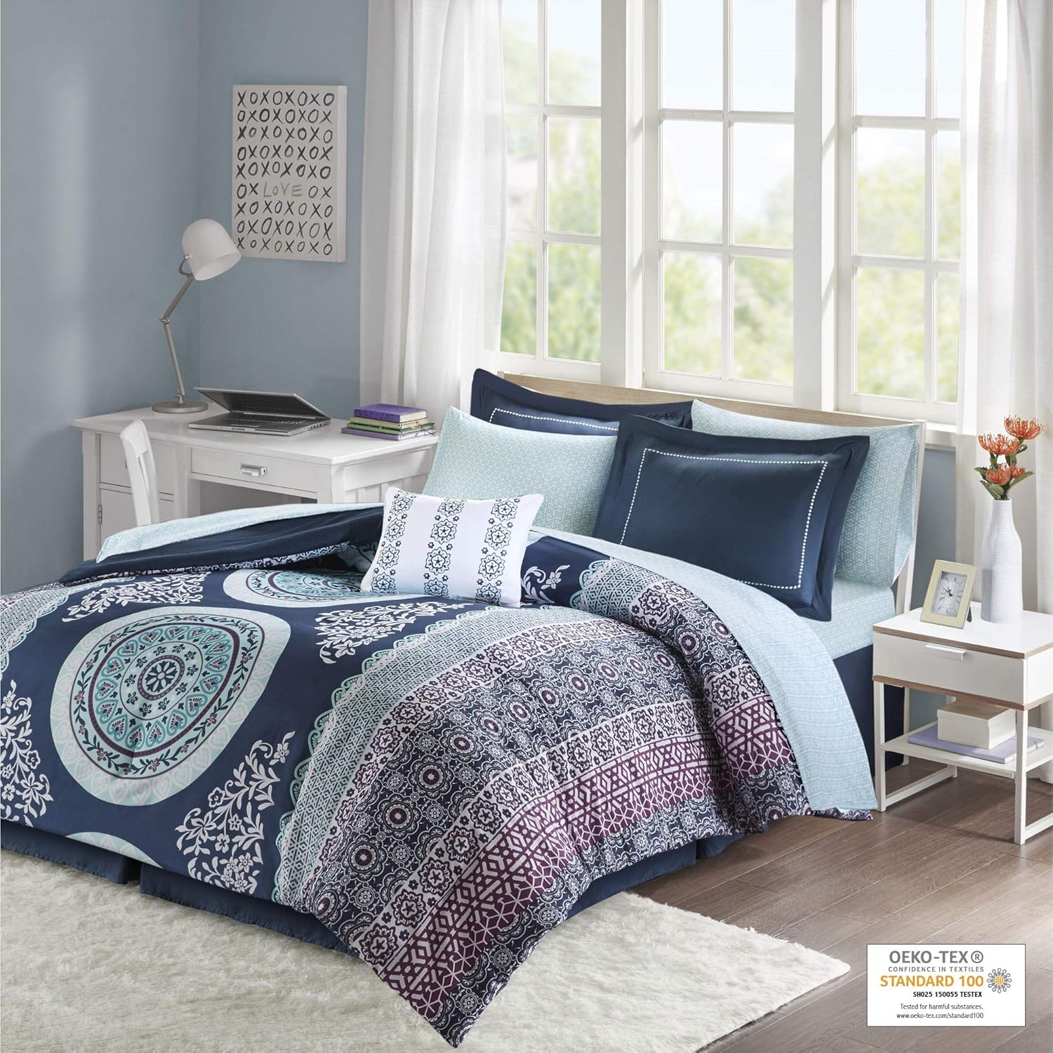 Intelligent Design Loretta Ultra Soft Brushed Microfiber Bohemian Boho Medallion Comforter and Sheet Set Bag Bedding, Queen, Navy 9 Piece: Home & Kitchen