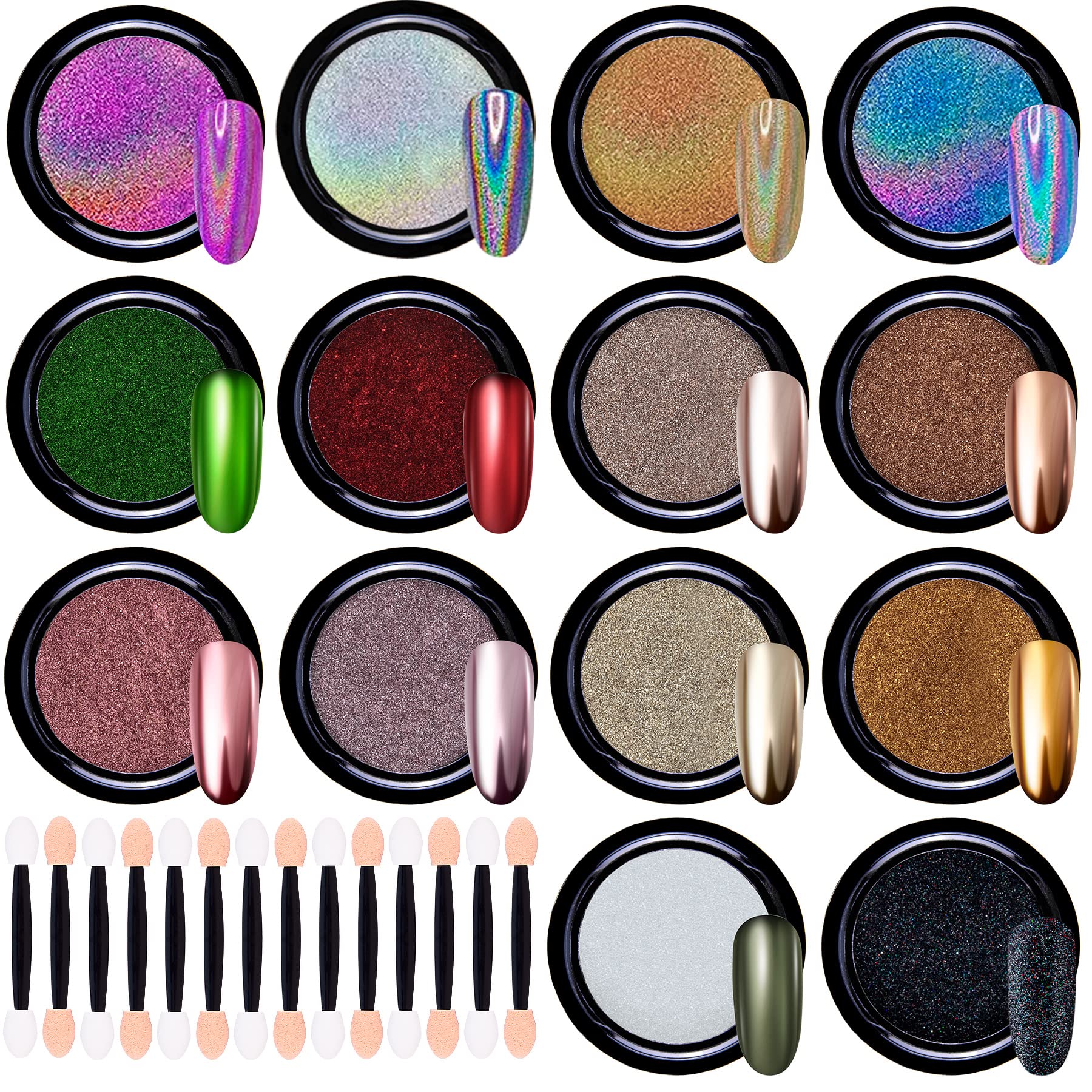 Duufin 14 Jars Nail Chrome Powder Metallic Mirror Effect Nail Powder 1g/Jar with 14 Pcs Eyeshadow Sticks, 14 Colours