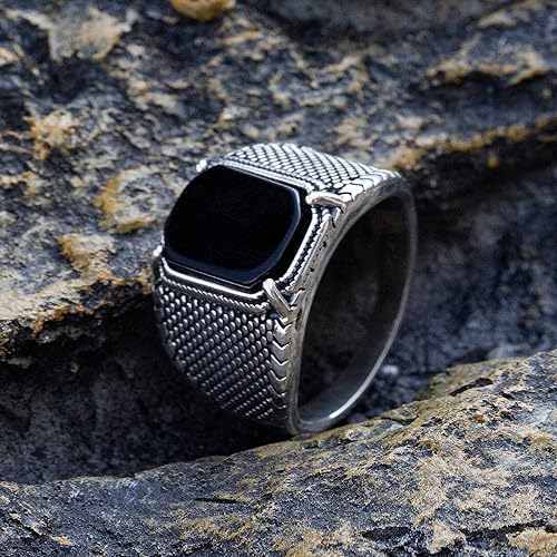 SKOOMEN Sterling Silver Ring for Men, Black Aqeeq Silver Ring with