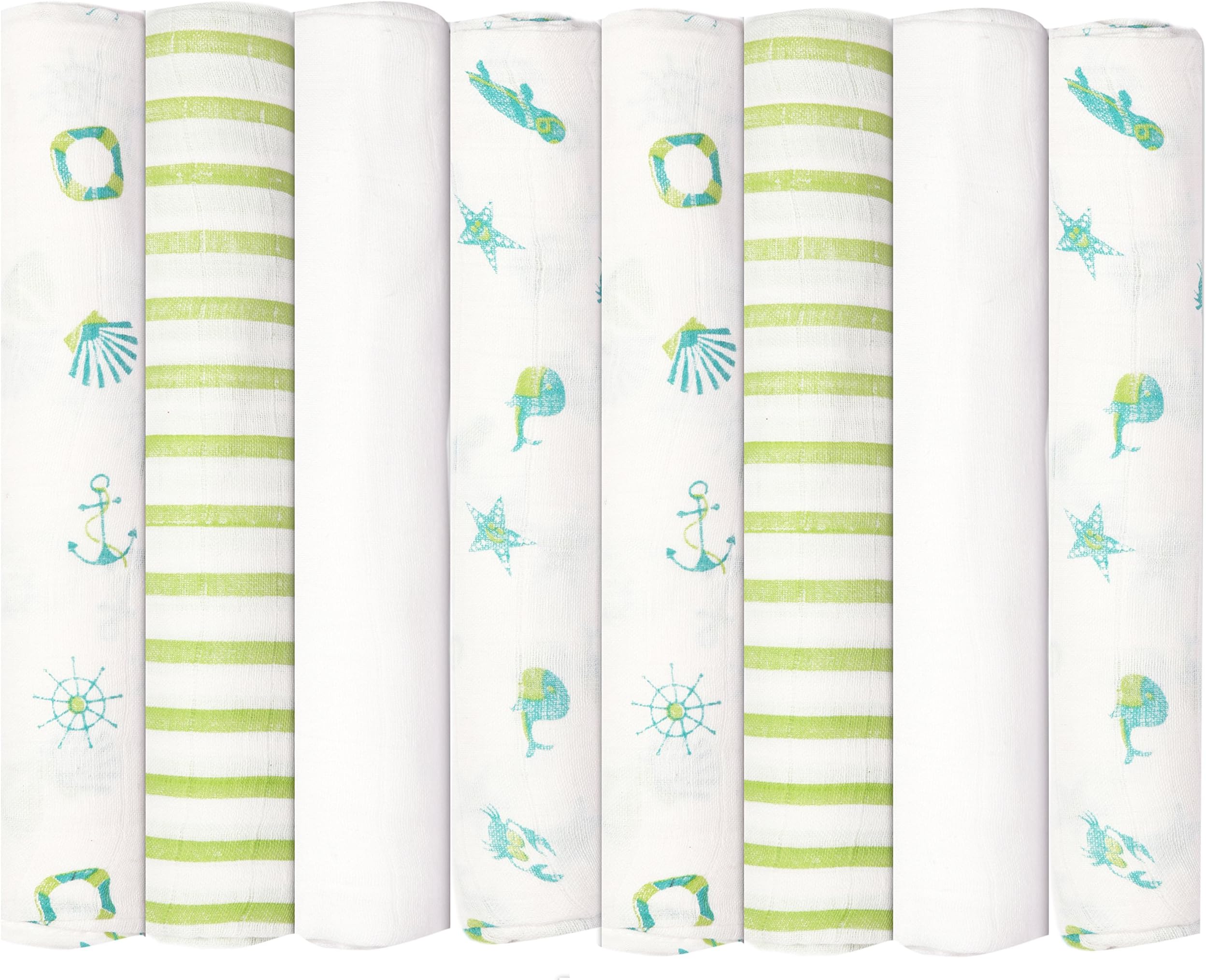 Babykin Organic Cotton Muslin Swaddle Blankets, Nautical Fun, 8 Piece Pack