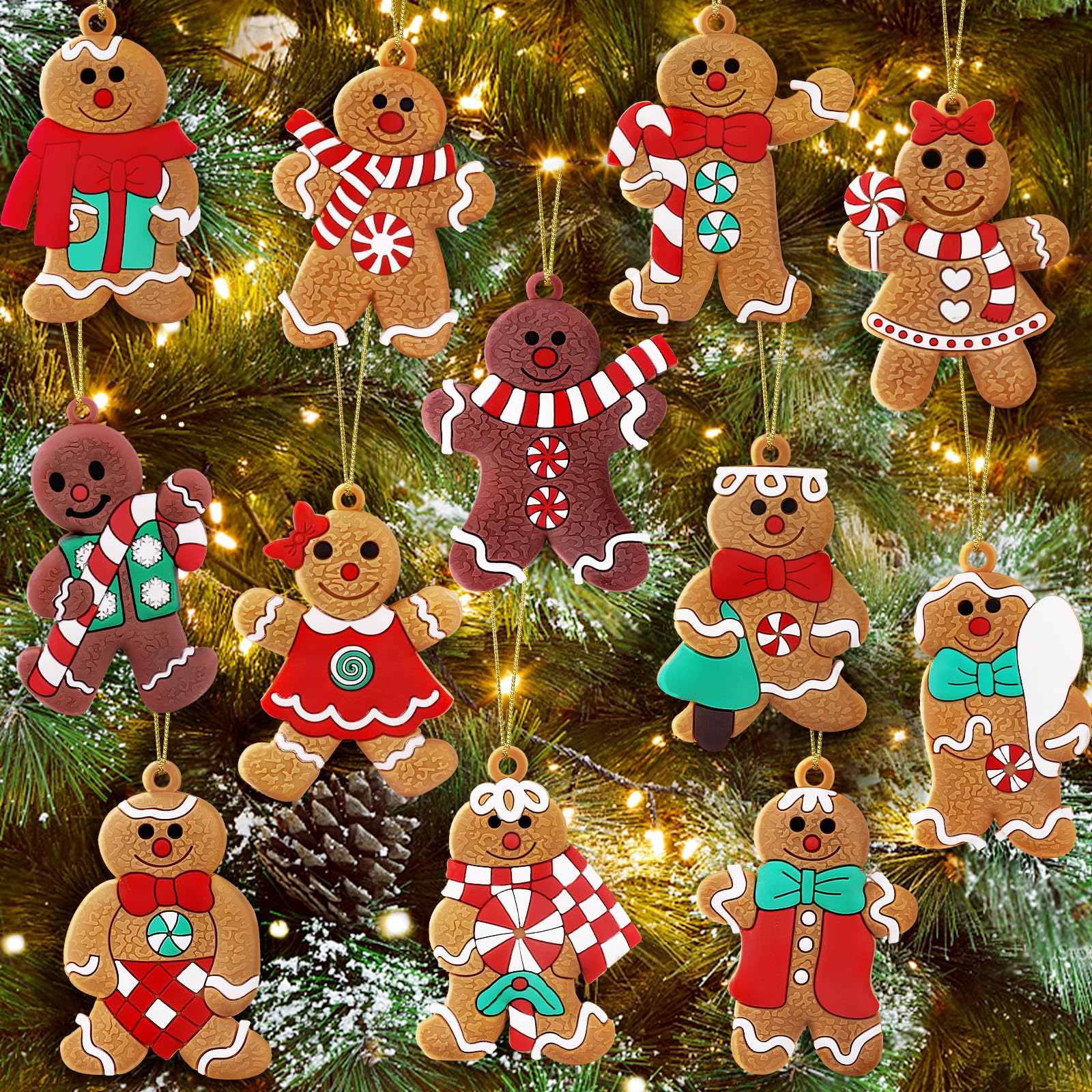 Photo 1 of 12pcs Christmas Gingerbread Man Ornaments Christmas Tree Decorations Rubber Gingerbread Ornaments Decorations for Tree 3 Inch Tall Xmas Hanging Ornaments