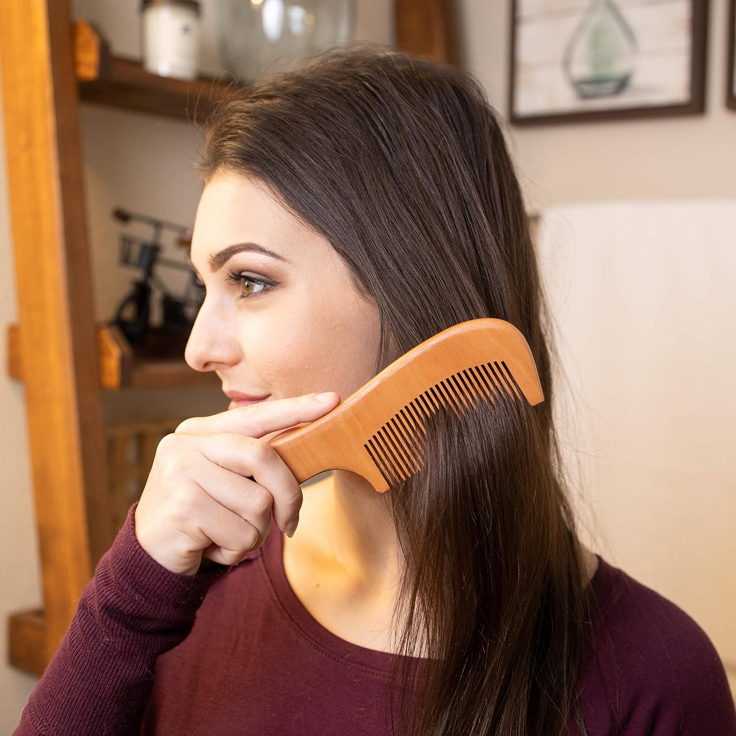 GranNaturals Wooden Comb with Handle, Fine Wood Toothed Styling & Grooming Tools for Men & Women - Image 3