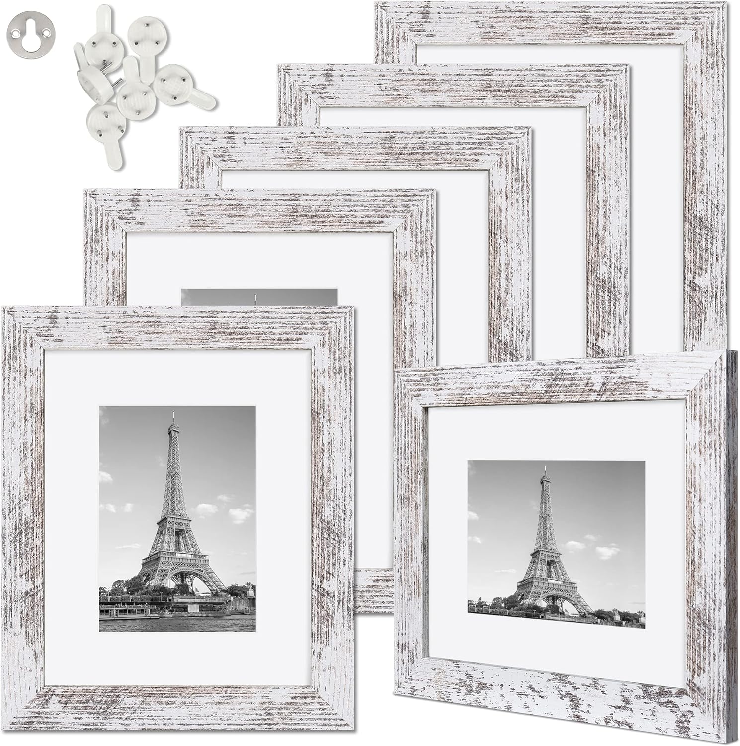 Photo Albums, Frames & Accessories - upsimples Picture Frame Distressed White with Real Glass, Display Pictures 5x7 with Mat or 8x10 Without Mat, Multi Photo Frames Collage for Wall or Tabletop Display, Set of 6