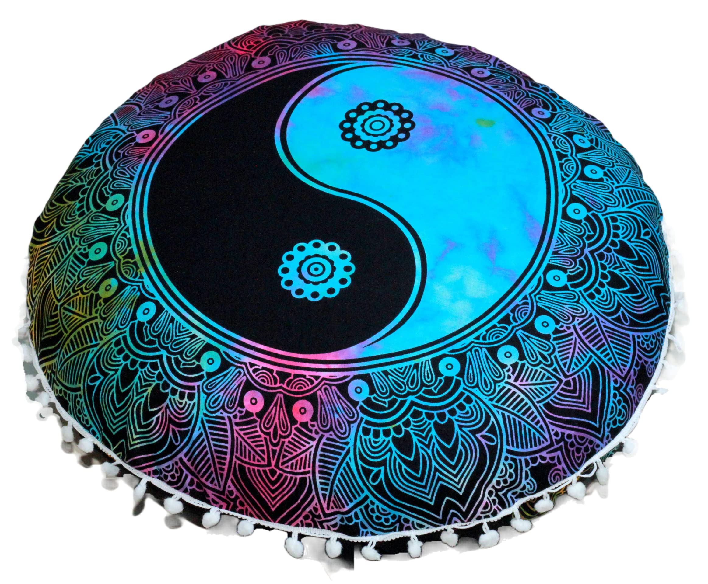 Round Mandala Floor Pillow Cover Seating Cushion Throw Case Hippie Decorative Bohemian Ottoman Pouf Cover, Pom Pom Pillow Cases,Boho Indian 22 Inches (Multi Color Yin yang)