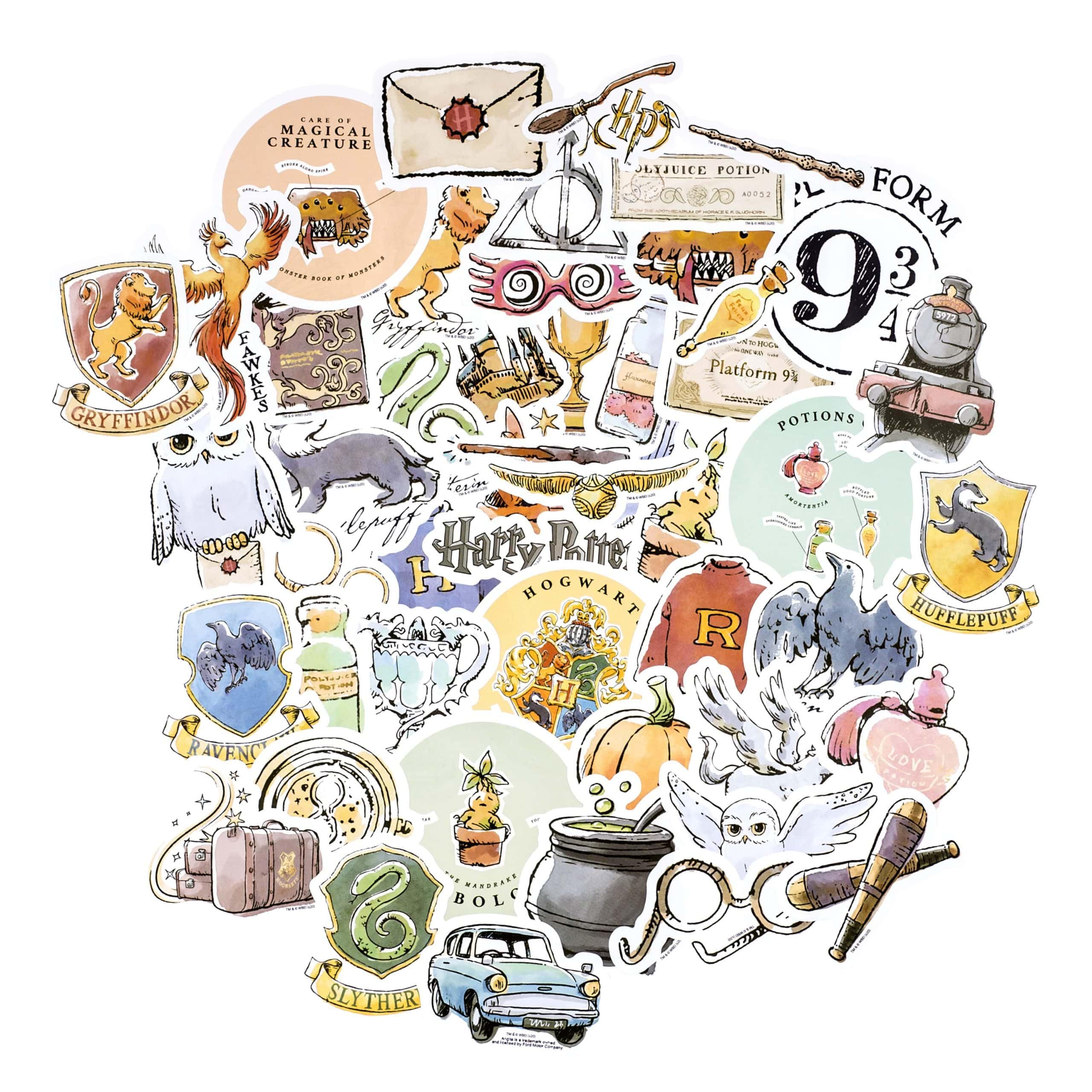Conquest Journals Harry Potter Watercolor Vinyl Stickers, Set of Unique Sticker Decals, 5 Holograms, Waterproof, UV & Scratch Resistant, Great for Gadgets, Officially Licensed (White Vinyl, 60-Pack)
