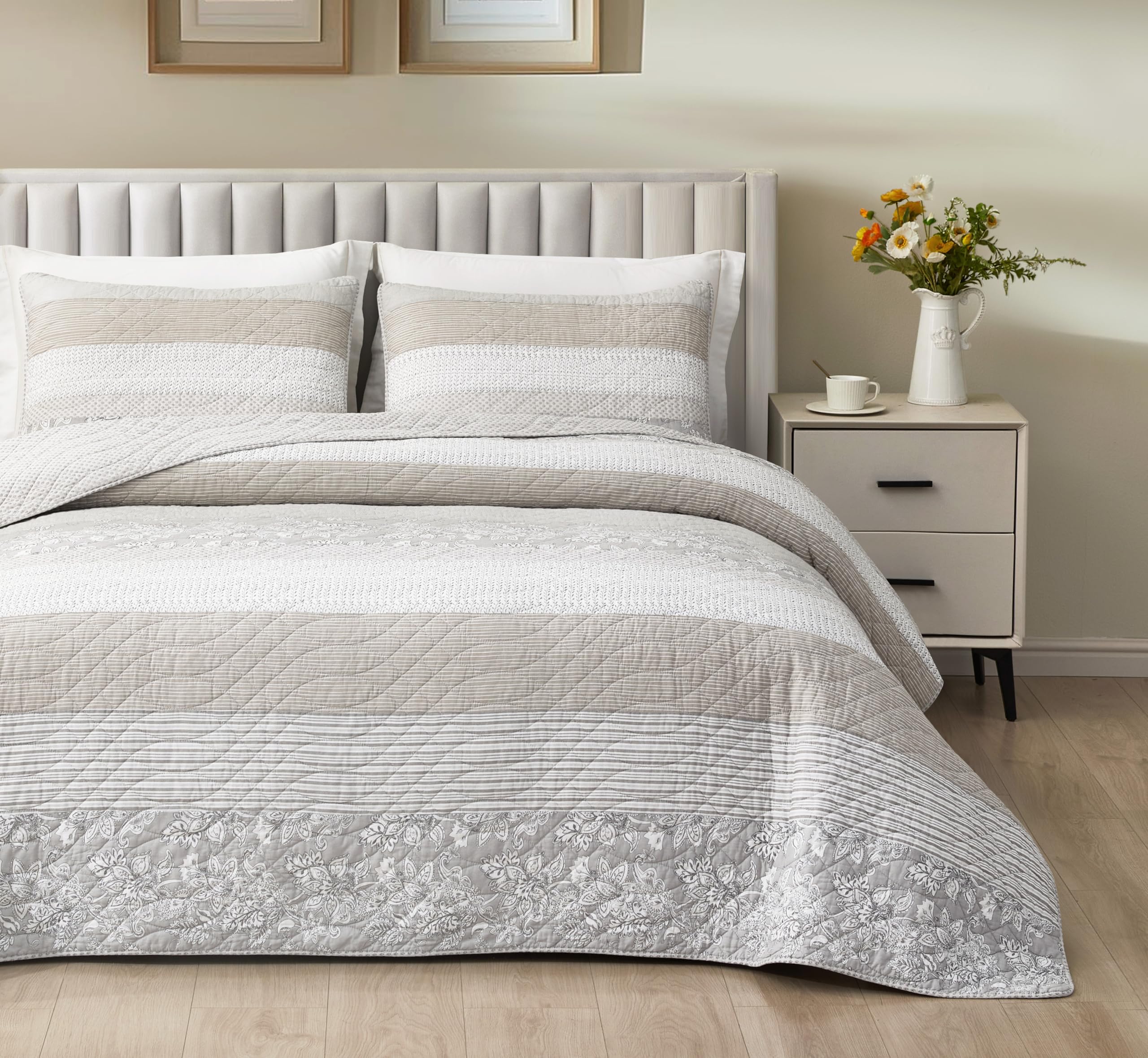 Chezmoi Collection Robyn 3-Piece Neutral Taupe Gray White Floral ...