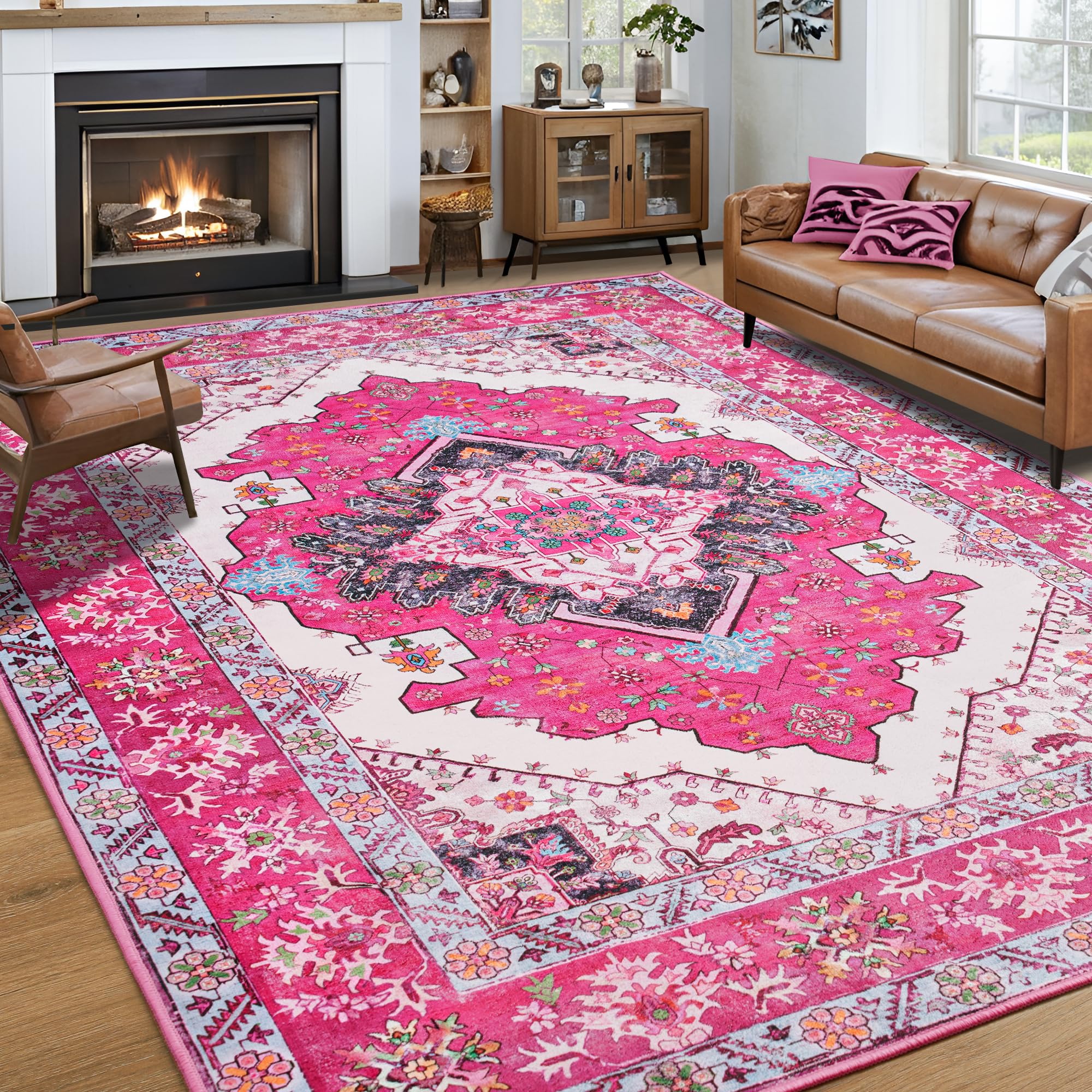 Photo 1 of Noahas Hot Pink 6x9 Area Rugs for Living Room, Vintage Machine Washable Rug,Low Pile Print Large Rug with Rubber Backing Non-Slip Carpets for Bedroom Girls,Kitchen,Dining Room,Home Office,Home Decor